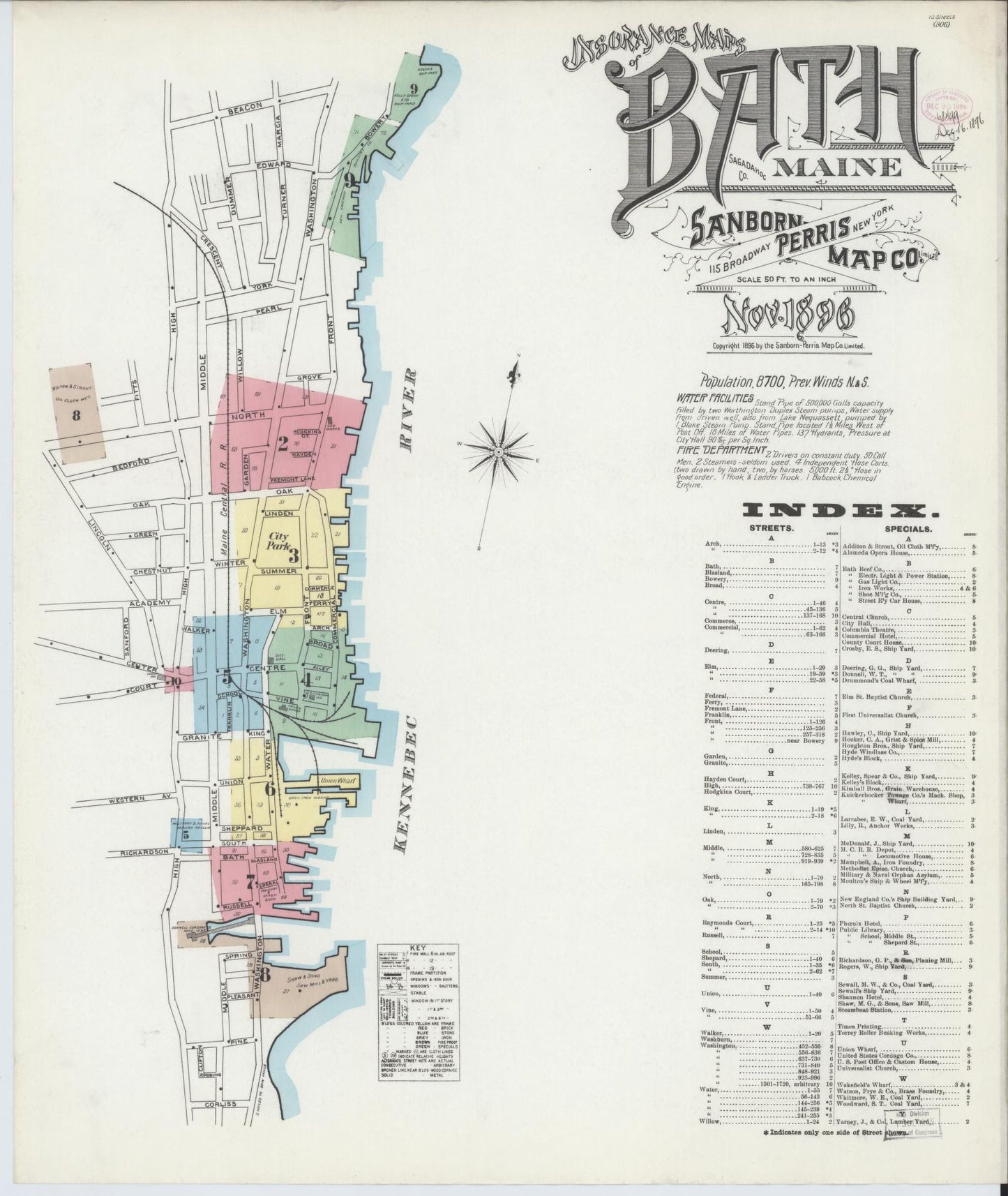 Sanborn Fire Insurance Map from Bath, Sagadahoc County, Maine (1896), Sheet #0001 - Historic Sanborn Fire Insurance Map Print, vintage old map wall art, antique decor, genealogy gift, Maine Maine map