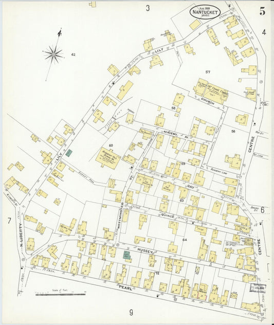 Sanborn Fire Insurance Map from Nantucket, Nantucket County, Massachusetts (1909), Sheet #0005 - Historic Sanborn Fire Insurance Map Print, vintage old map wall art, antique decor, genealogy gift, Massachusetts Massachusetts map
