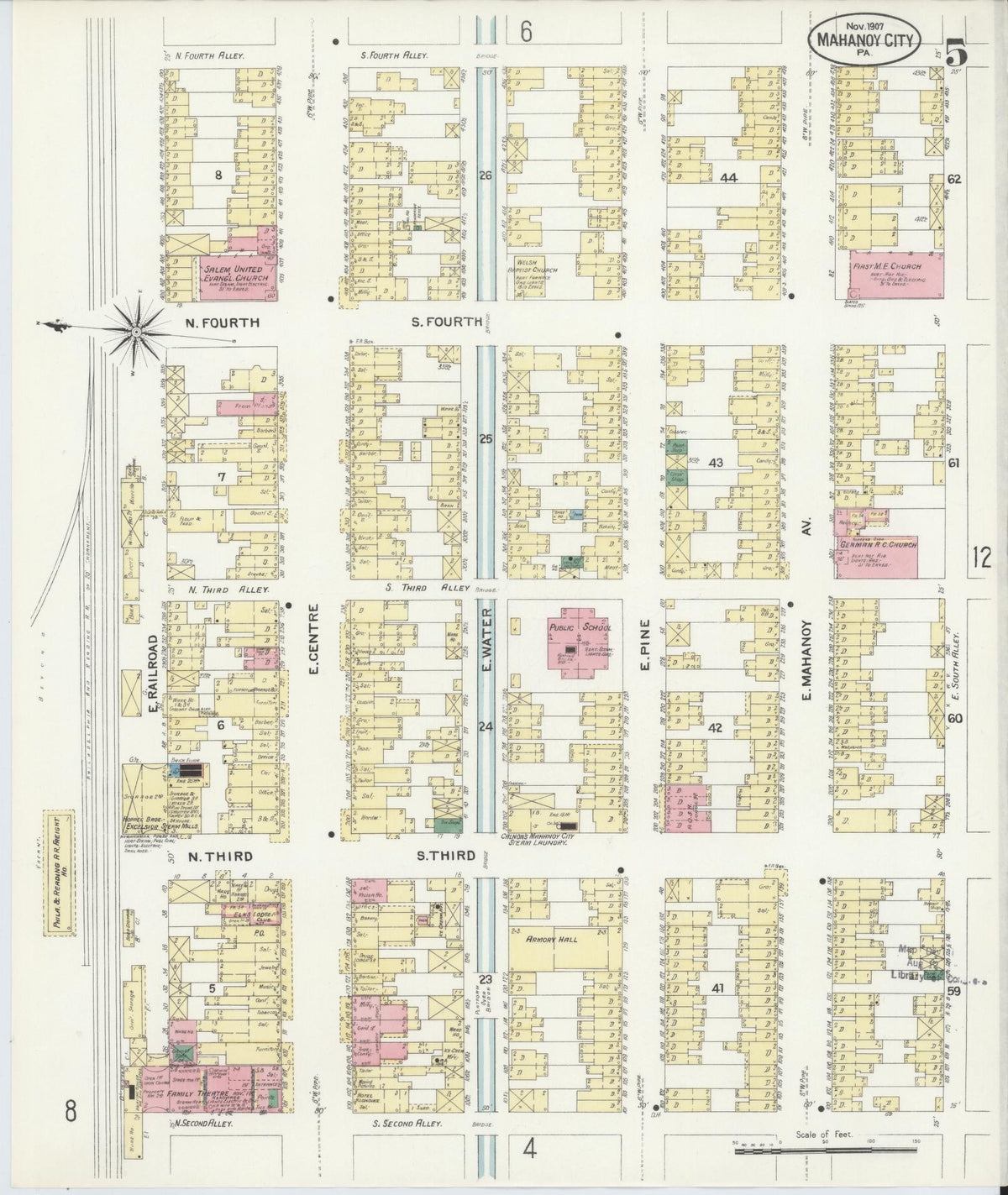 Sanborn Fire Insurance Map from Mahanoy City, Schuylkill County, Pennsylvania (1907), Sheet #0005 - Historic Sanborn Fire Insurance Map Print, vintage old map wall art, antique decor, genealogy gift, Pennsylvania Pennsylvania map