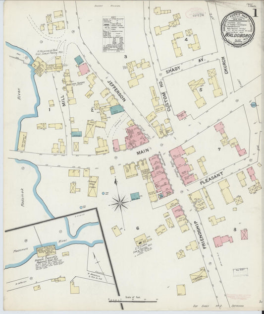 Sanborn Fire Insurance Map from Waldoboro, Lincoln County, Maine (1891), Sheet #0001 - Historic Sanborn Fire Insurance Map Print, vintage old map wall art, antique decor, genealogy gift, Maine Maine map