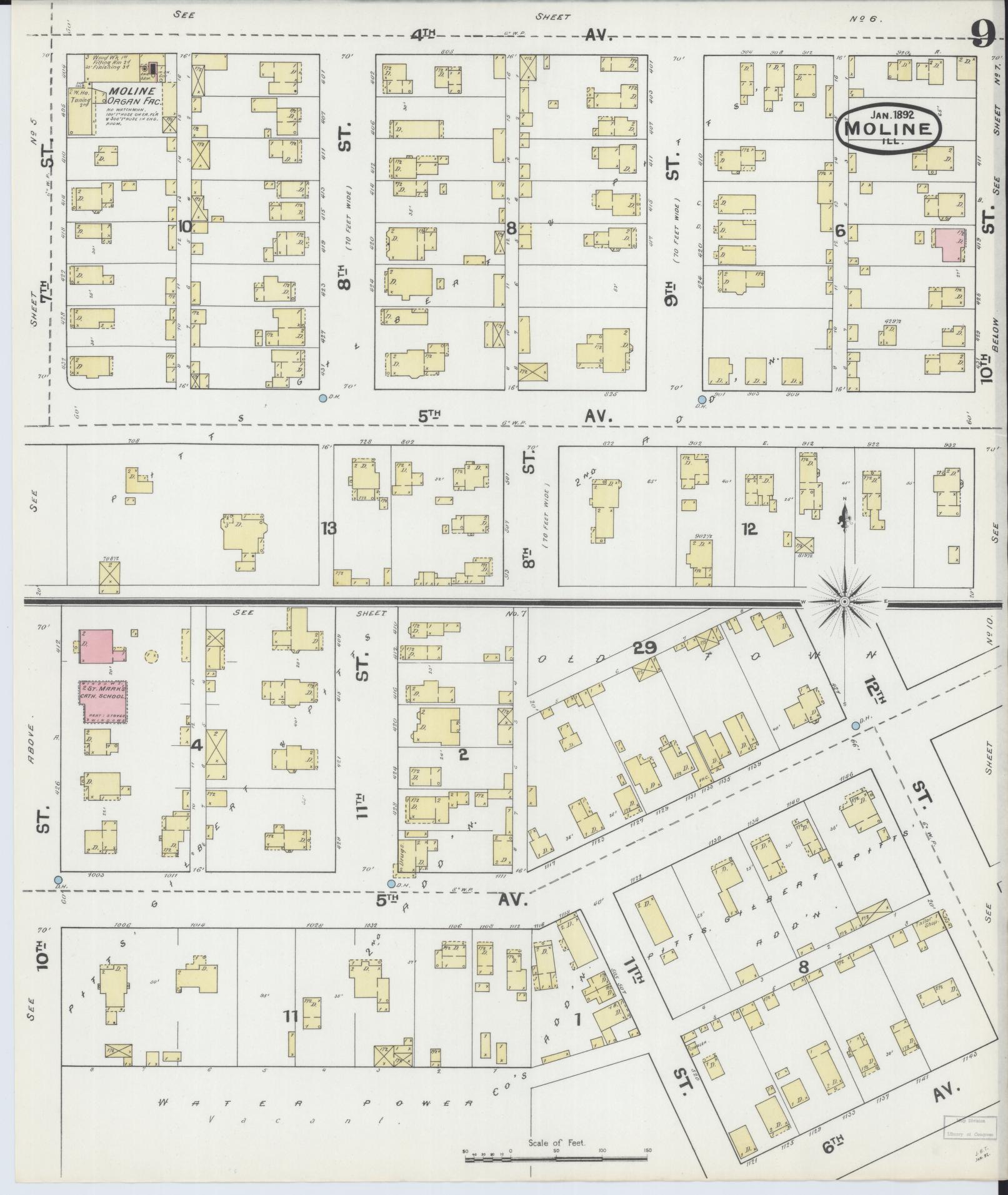 Sanborn Fire Insurance Map from Moline, Rock Island County, Illinois (1892), Sheet #0009 - Complete Map Set gallery image, historic Sanborn map, vintage wall art, Illinois Illinois
