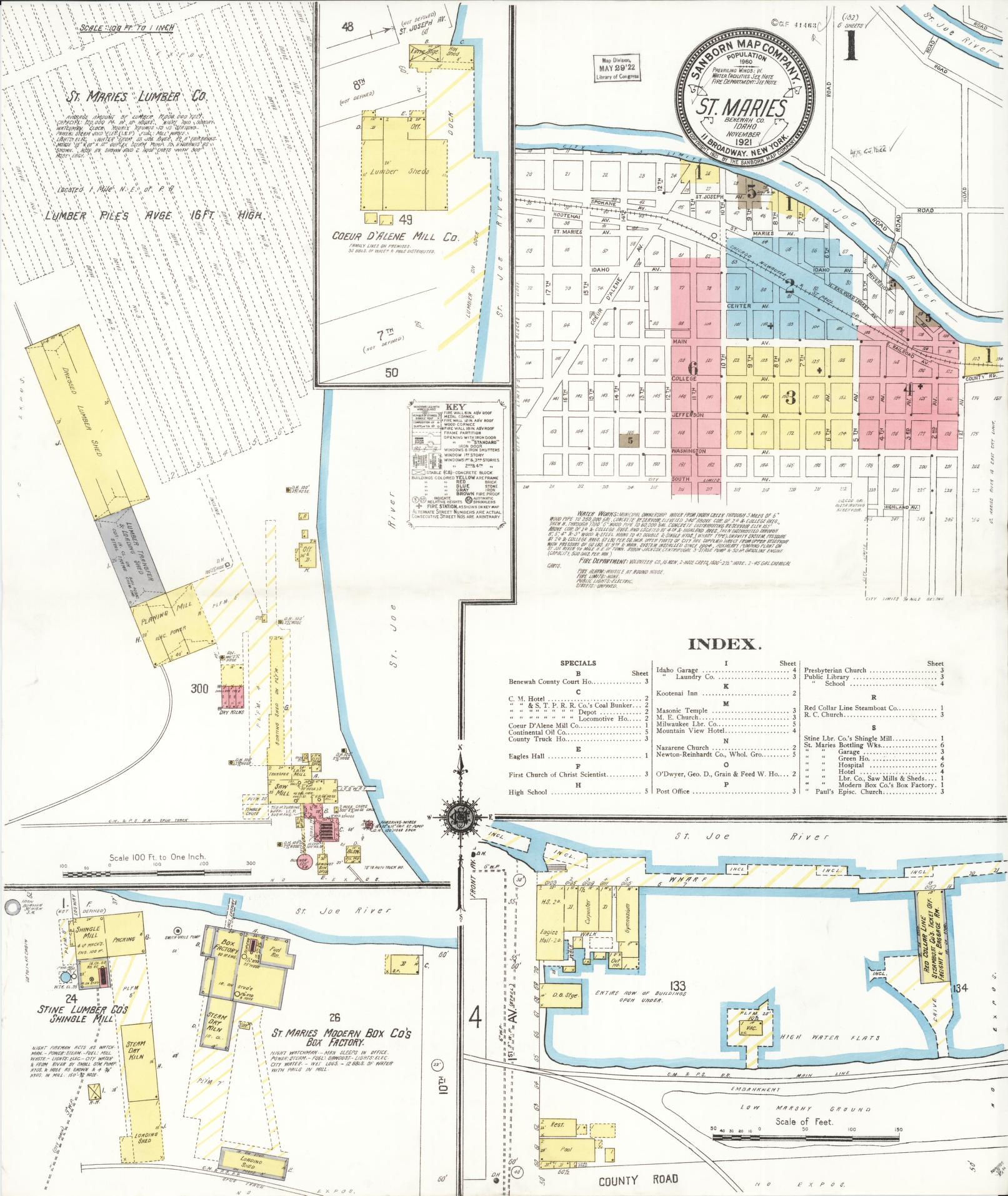 Sanborn Fire Insurance Map from Saint Maries, Benewah County, Idaho (1921), Sheet #0001 - Complete Map Set gallery image, historic Sanborn map, vintage wall art, Idaho Idaho