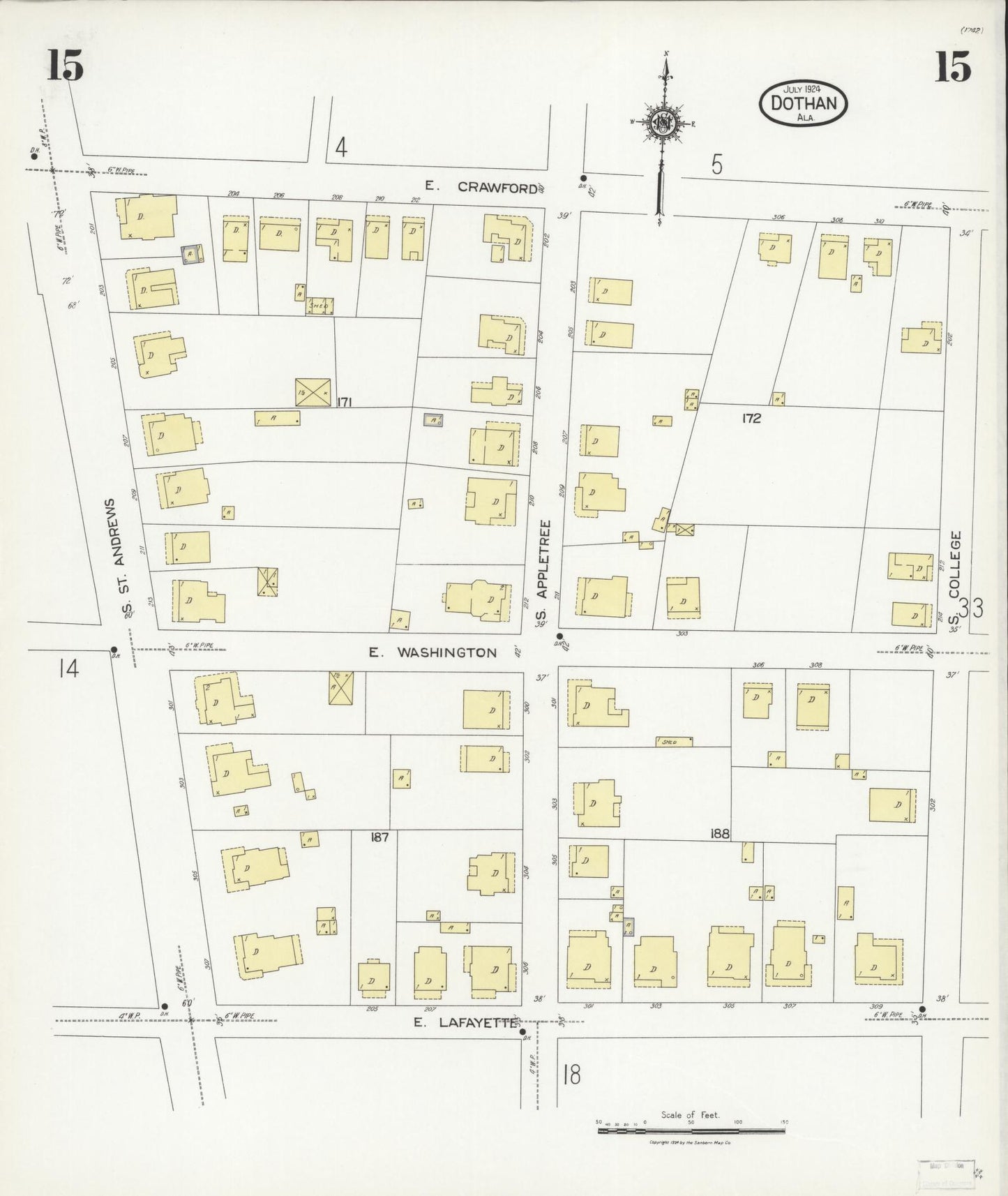 Sanborn Fire Insurance Map from Dothan, Houston County, Alabama (1924), Sheet #0015 - Historic Sanborn Fire Insurance Map Print, vintage old map wall art, antique decor, genealogy gift, Alabama Alabama map