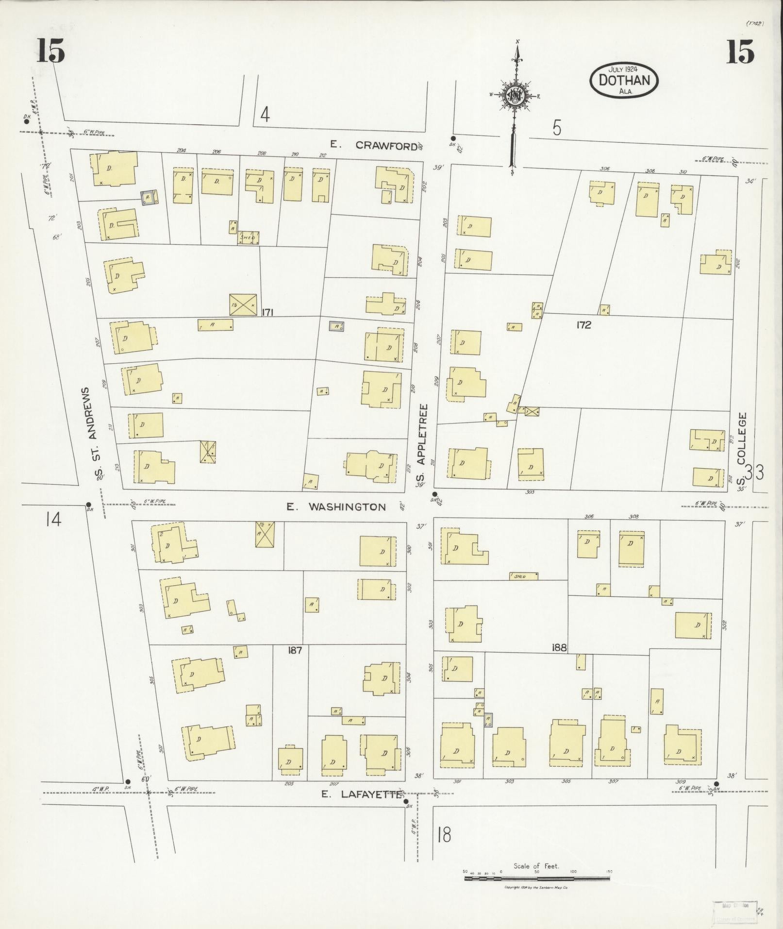 Sanborn Fire Insurance Map from Dothan, Houston County, Alabama (1924), Sheet #0015 - Historic Sanborn Fire Insurance Map Print, vintage old map wall art, antique decor, genealogy gift, Alabama Alabama map