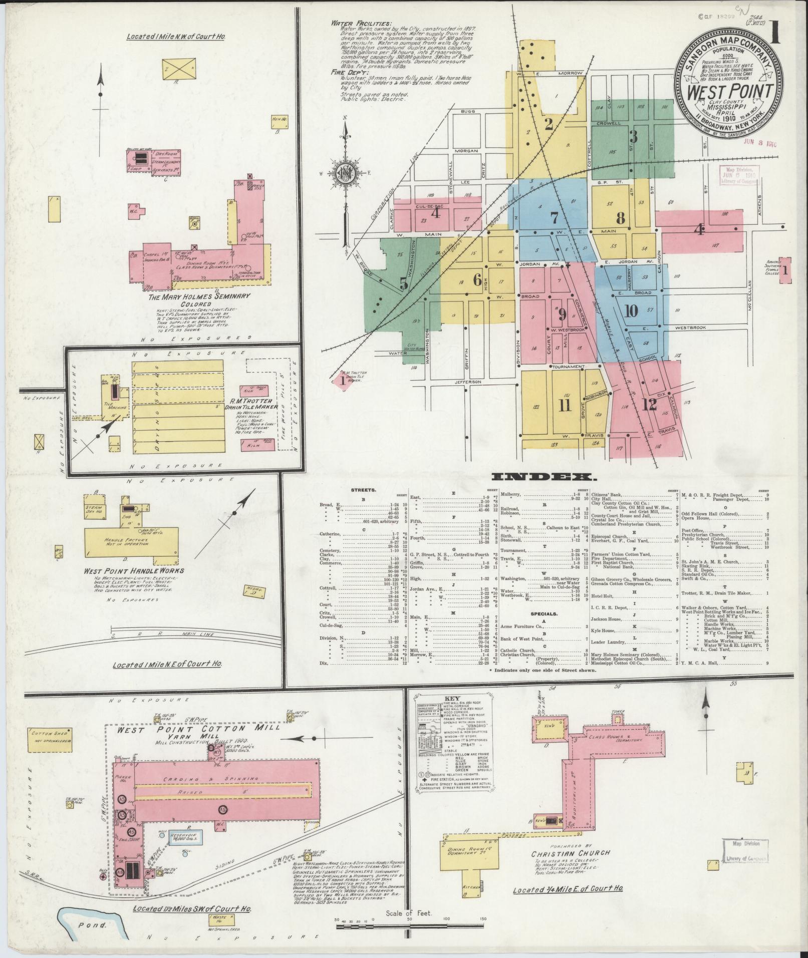 Sanborn Fire Insurance Map from West Point, Clay County, Mississippi (1910), Sheet #0001 - Historic Sanborn Fire Insurance Map Print, vintage old map wall art, antique decor, genealogy gift, Mississippi Mississippi map