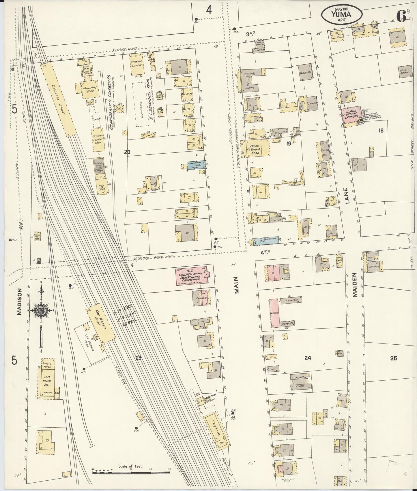 Sanborn Fire Insurance Map from Yuma, Yuma County, Arizona (1911), Sheet #0006 - Historic Sanborn Fire Insurance Map Print, vintage old map wall art, antique decor, genealogy gift, Arizona Arizona map