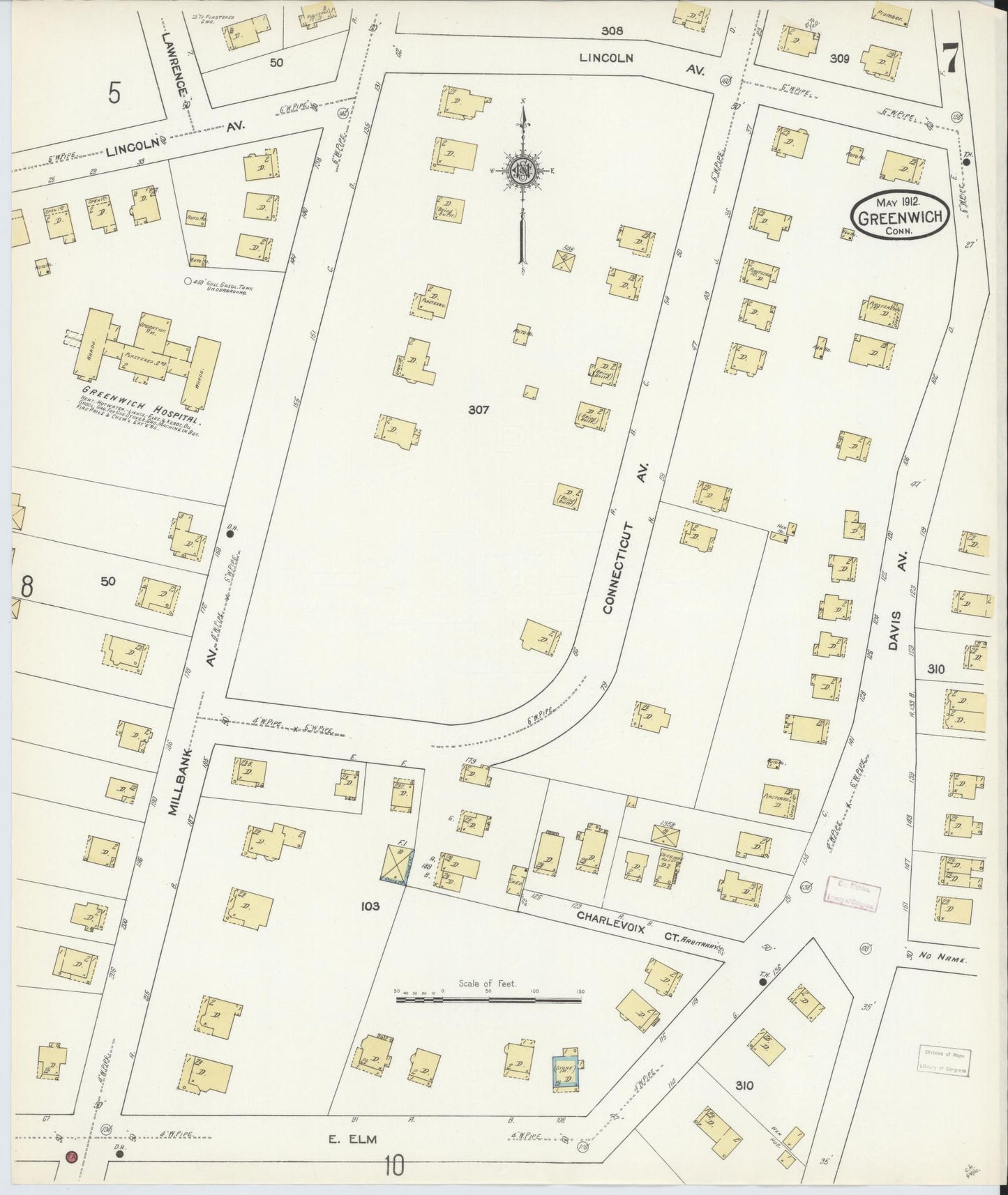 Sanborn Fire Insurance Map from Greenwich, Fairfield County, Connecticut (1912), Sheet #0007 - Complete Map Set gallery image, historic Sanborn map, vintage wall art, Connecticut Connecticut
