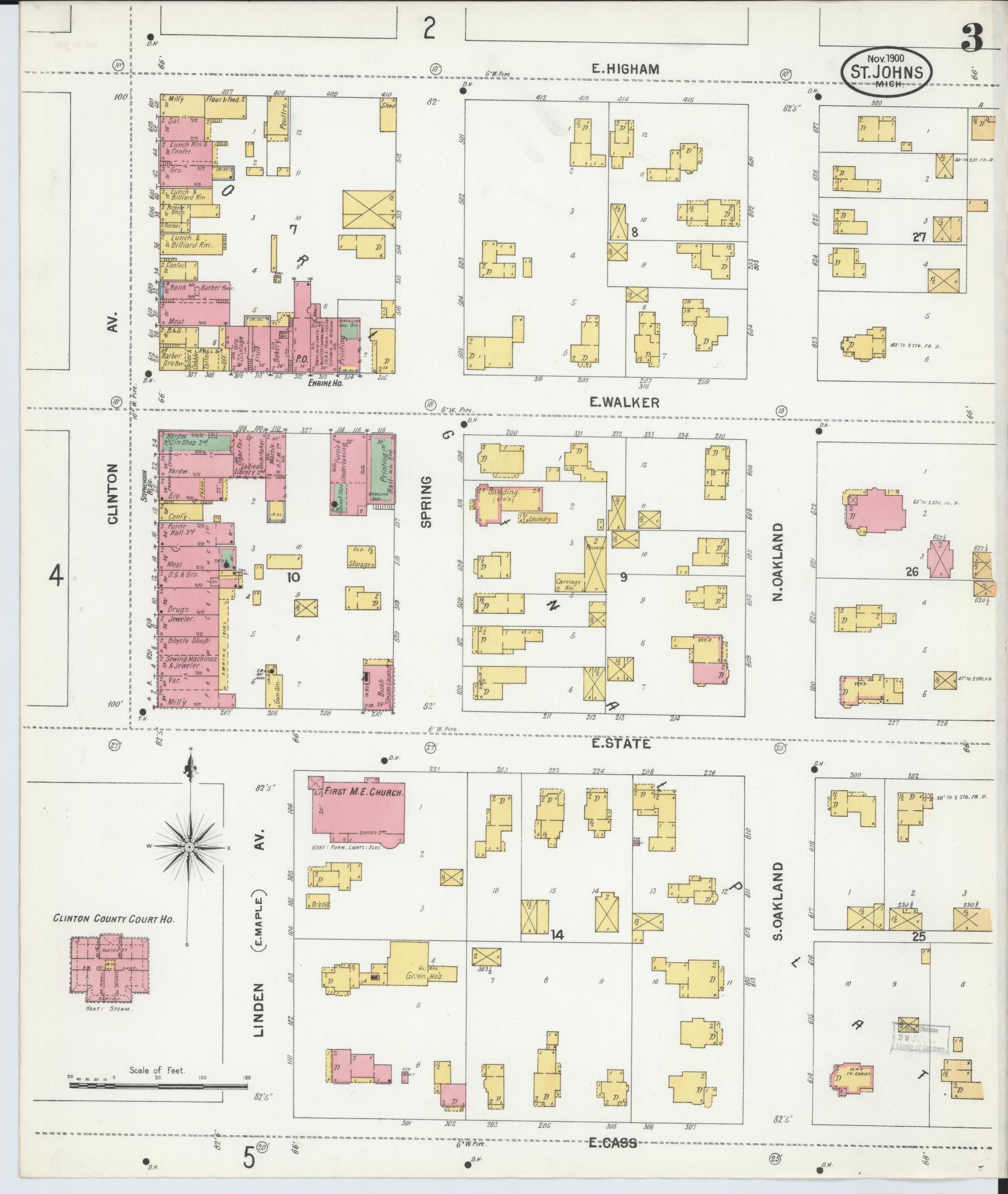 Sanborn Fire Insurance Map from Saint Johns, Clinton County, Michigan (1900), Sheet #0003 - Historic Sanborn Fire Insurance Map Print, vintage old map wall art, antique decor, genealogy gift, Michigan Michigan map