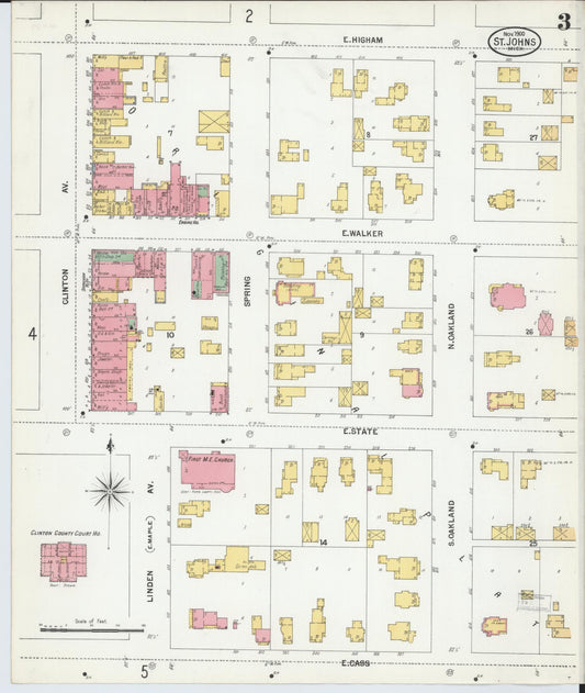 Sanborn Fire Insurance Map from Saint Johns, Clinton County, Michigan (1900), Sheet #0003 - Historic Sanborn Fire Insurance Map Print, vintage old map wall art, antique decor, genealogy gift, Michigan Michigan map