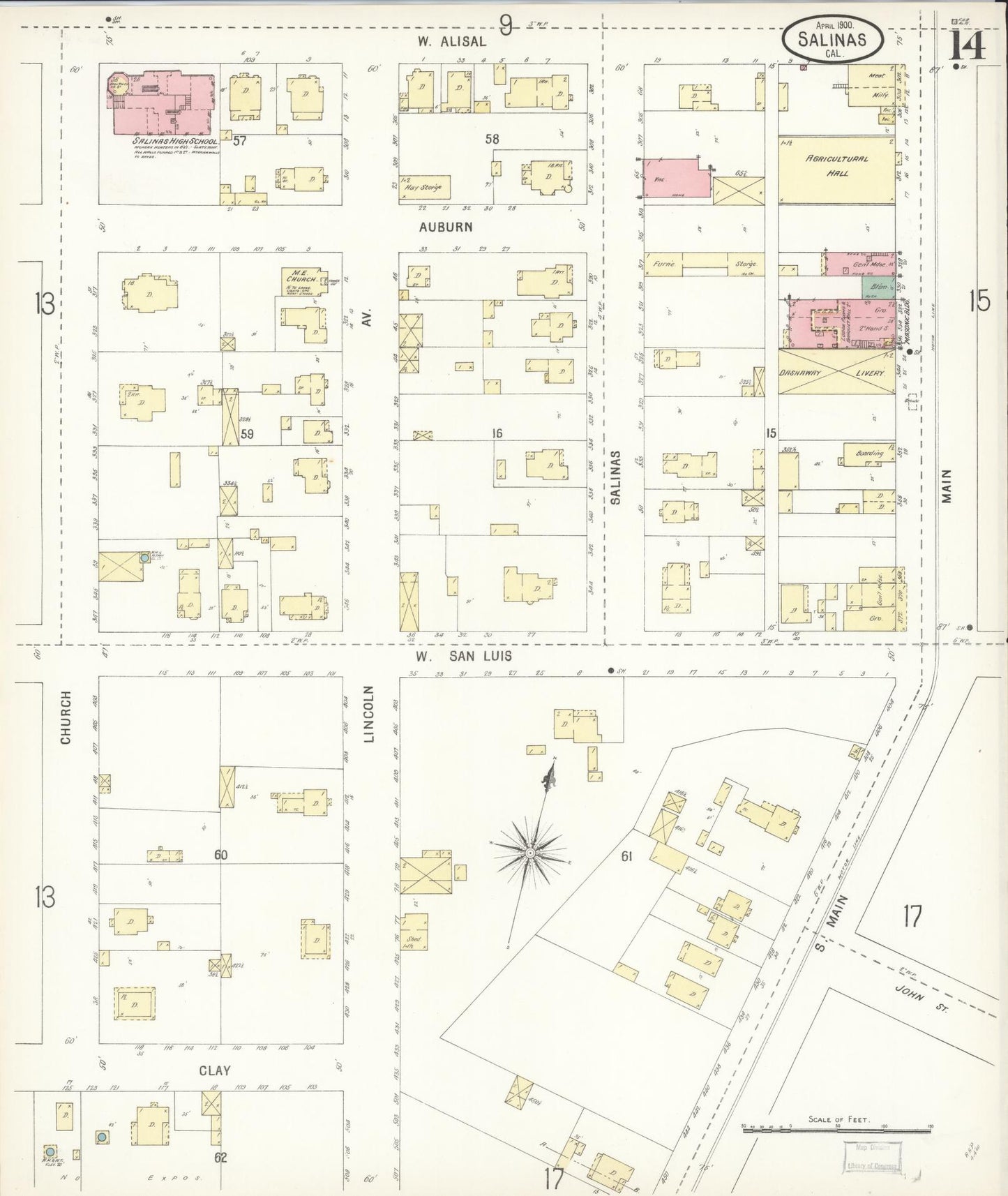 Sanborn Fire Insurance Map from Salinas, Monterey County, California (1900), Sheet #0014 - Complete Map Set gallery image, historic Sanborn map, vintage wall art, California California