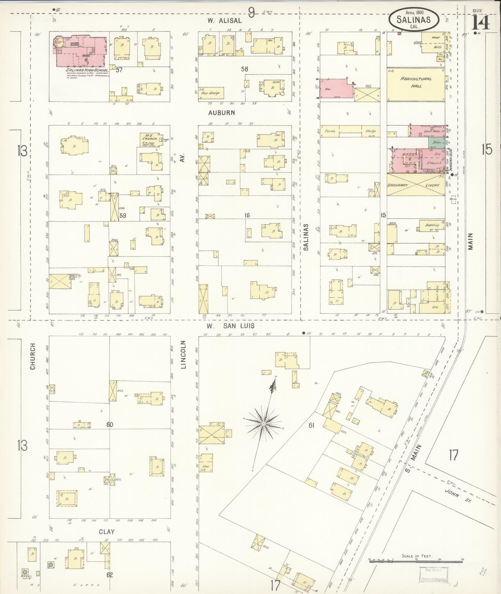 Sanborn Fire Insurance Map from Salinas, Monterey County, California (1900), Sheet #0014 - Complete Map Set gallery image, historic Sanborn map, vintage wall art, California California