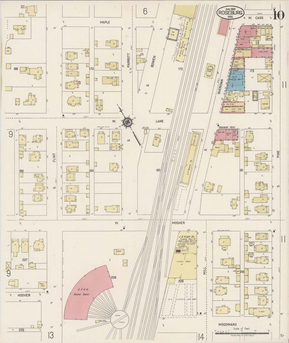 Sanborn Fire Insurance Map from Roseburg, Douglas County, Oregon (1920), Sheet #0010 - Historic Sanborn Fire Insurance Map Print, vintage old map wall art, antique decor, genealogy gift, Oregon Oregon map