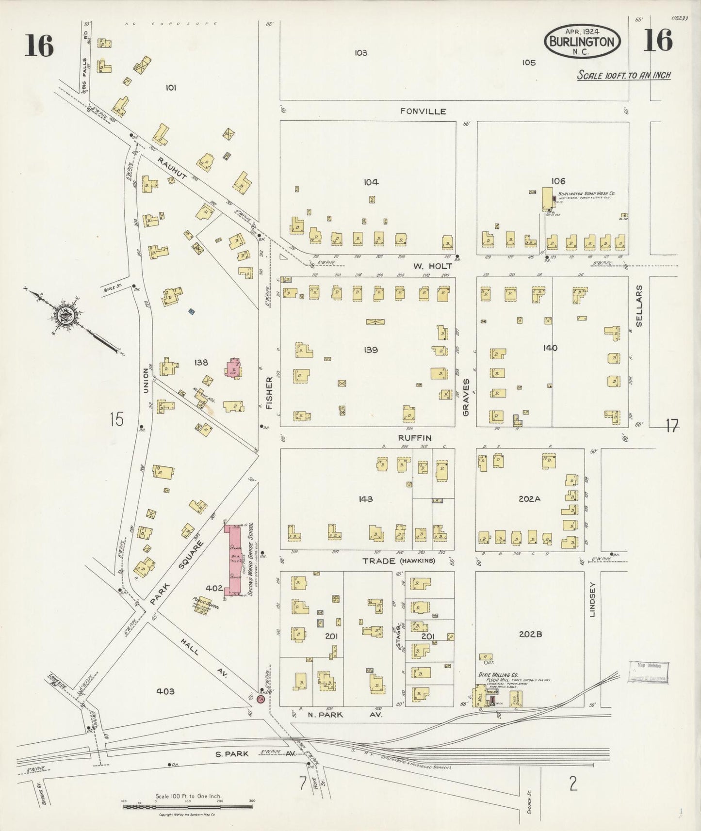 Sanborn Fire Insurance Map from Burlington, Alamance County, North Carolina (1924), Sheet #0016 - Historic Sanborn Fire Insurance Map Print, vintage old map wall art, antique decor, genealogy gift, North Carolina North Carolina map