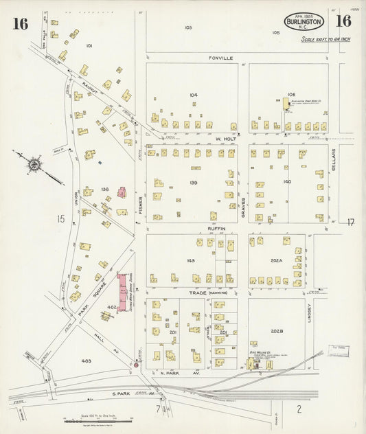 Sanborn Fire Insurance Map from Burlington, Alamance County, North Carolina (1924), Sheet #0016 - Historic Sanborn Fire Insurance Map Print, vintage old map wall art, antique decor, genealogy gift, North Carolina North Carolina map