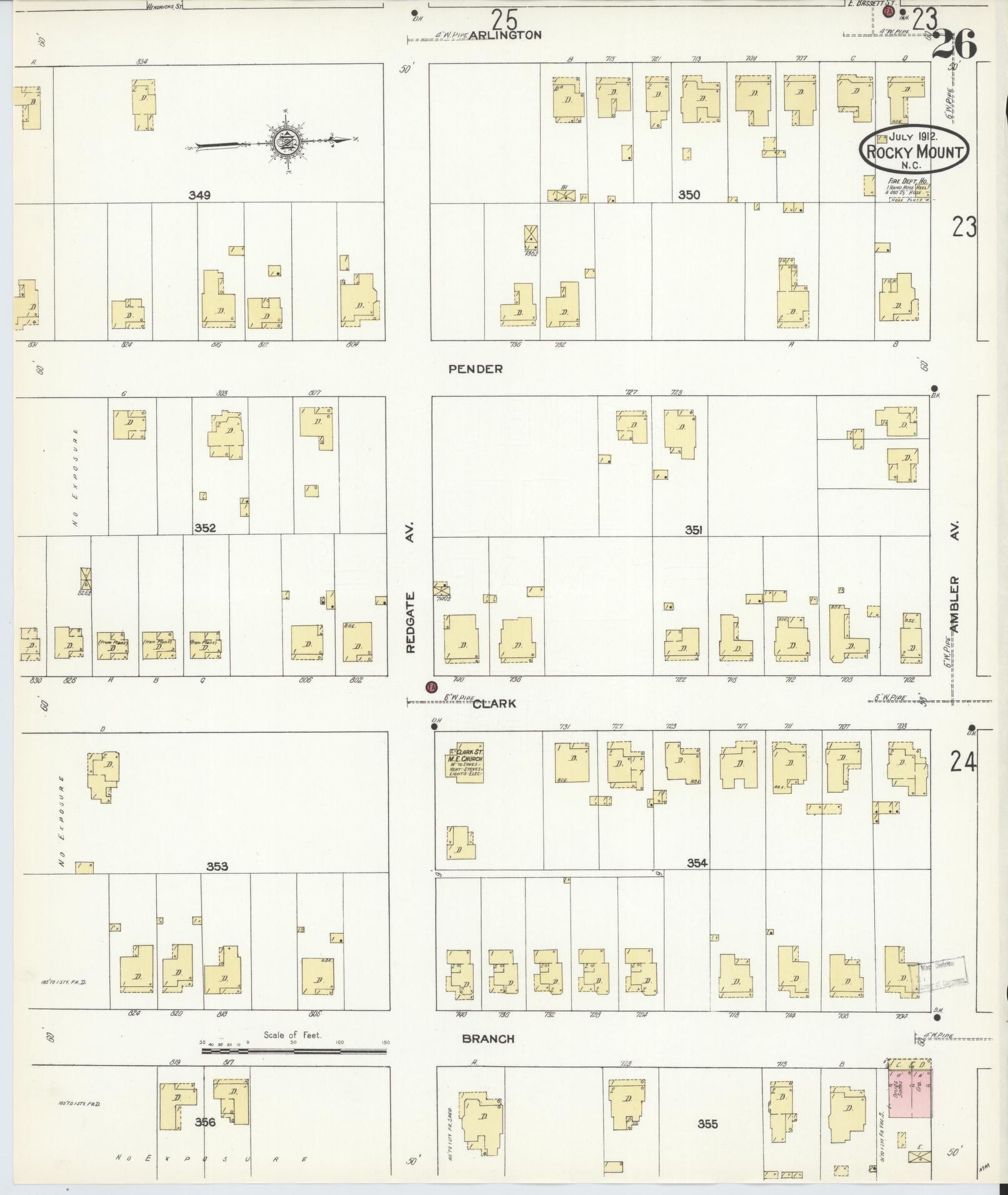 Sanborn Fire Insurance Map from Rocky Mount, Edgecombe And Nash Counties, North Carolina (1912), Sheet #0026 - Historic Sanborn Fire Insurance Map Print, vintage old map wall art, antique decor, genealogy gift, North Carolina North Carolina map