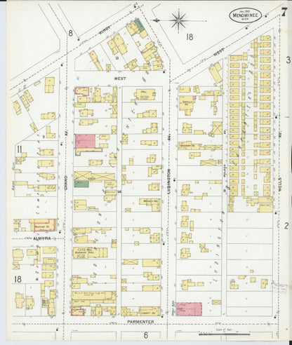 Sanborn Fire Insurance Map from Menominee, Menominee County, Michigan (1901), Sheet #0007 - Historic Sanborn Fire Insurance Map Print, vintage old map wall art, antique decor, genealogy gift, Michigan Michigan map