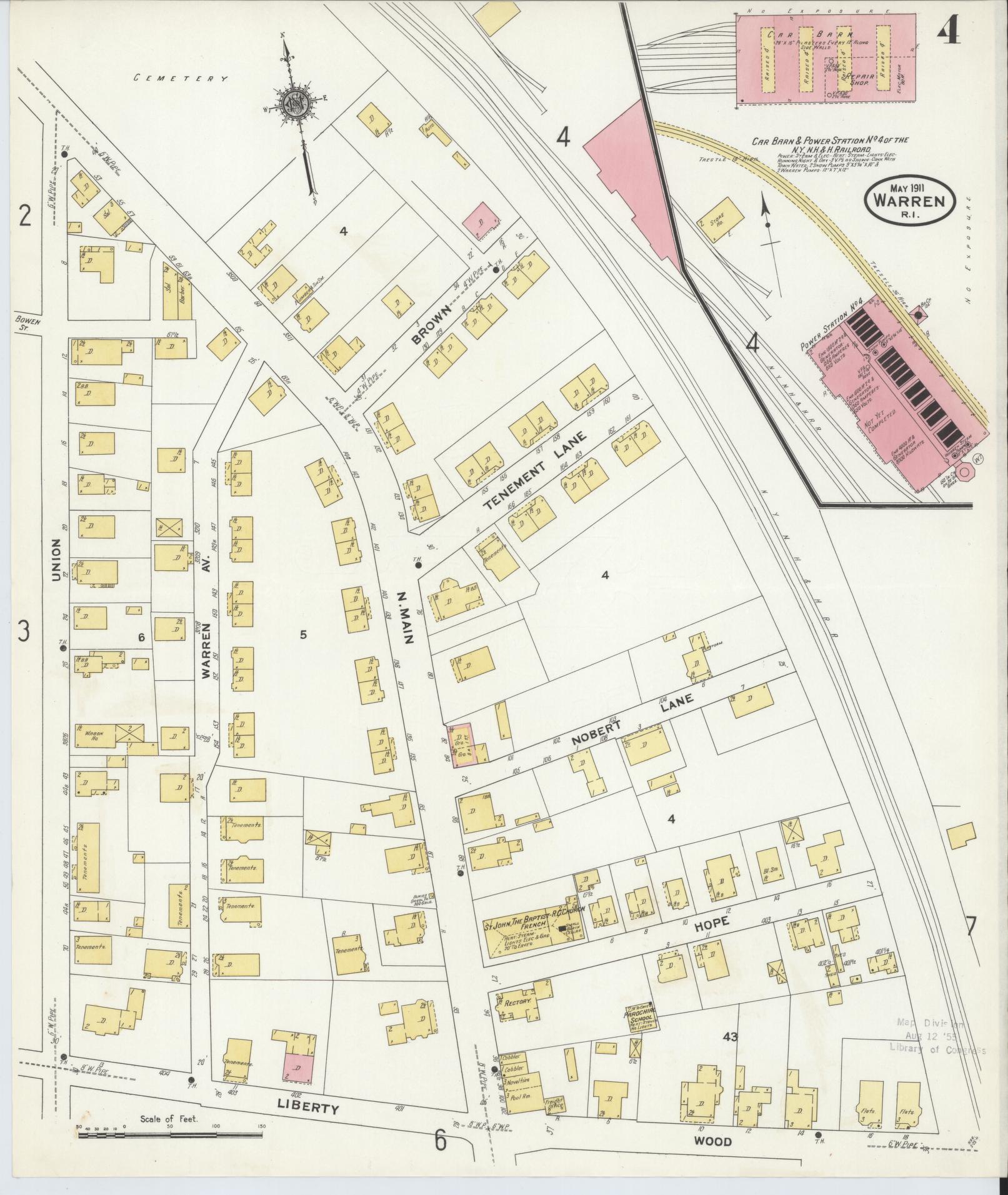 Sanborn Fire Insurance Map from Warren, Bristol County, Rhode Island (1911), Sheet #0004 - Historic Sanborn Fire Insurance Map Print, vintage old map wall art, antique decor, genealogy gift, Rhode Island Rhode Island map