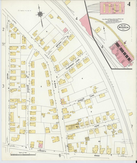 Sanborn Fire Insurance Map from Warren, Bristol County, Rhode Island (1911), Sheet #0004 - Historic Sanborn Fire Insurance Map Print, vintage old map wall art, antique decor, genealogy gift, Rhode Island Rhode Island map