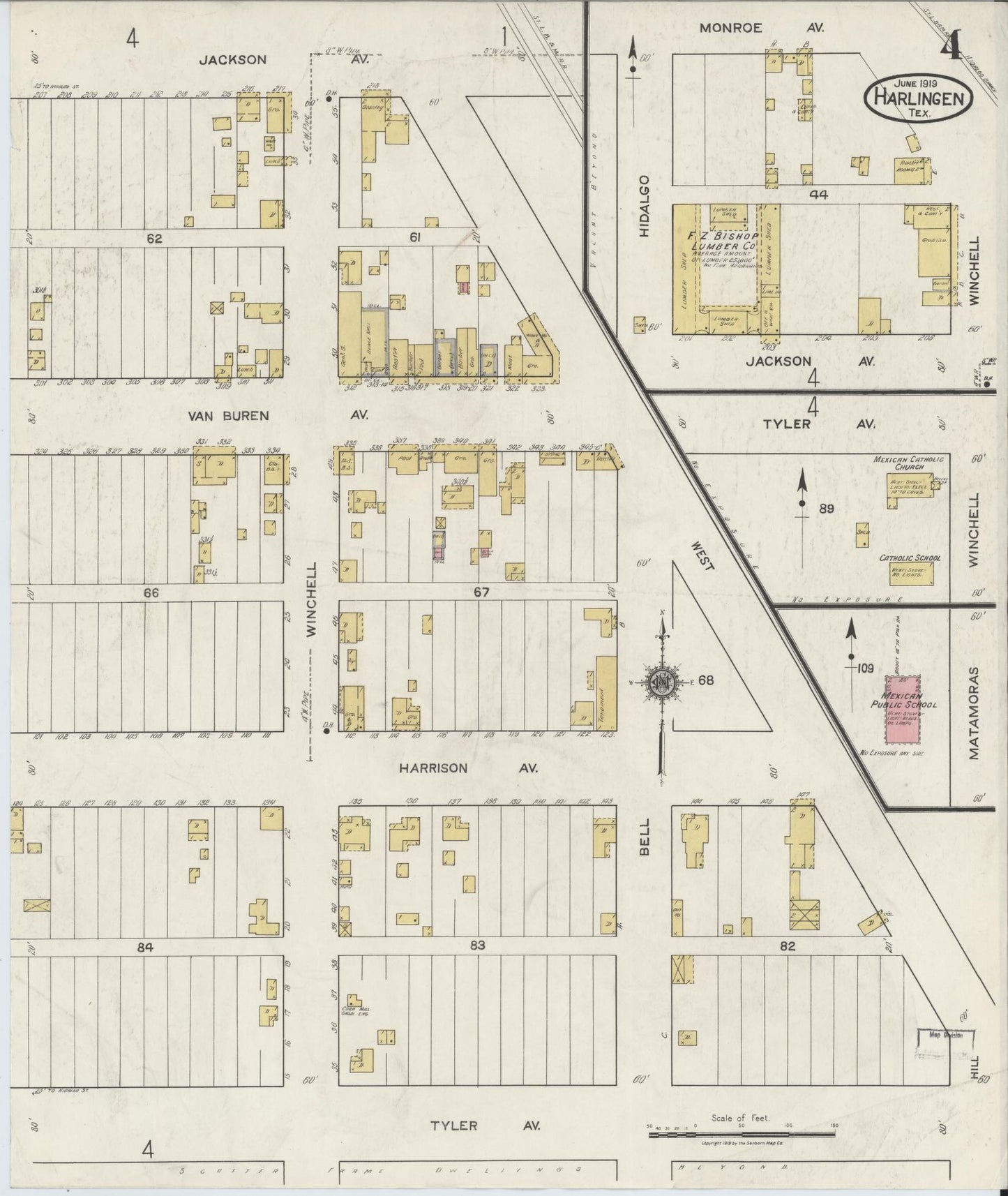 Sanborn Fire Insurance Map from Harlingen, Cameron County, Texas (1919), Sheet #0004 - Complete Map Set gallery image, historic Sanborn map, vintage wall art, Texas Texas