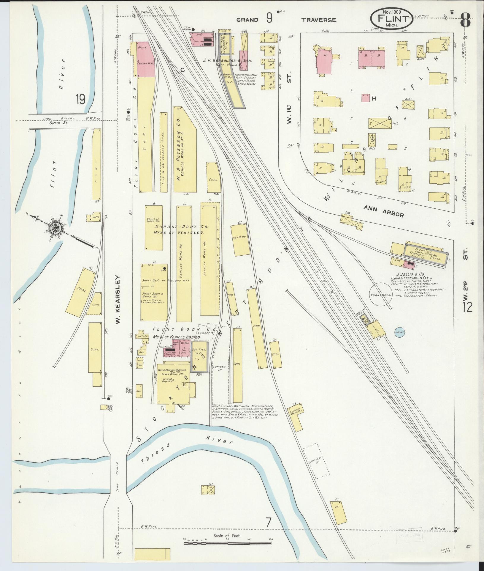 Sanborn Fire Insurance Map from Flint, Genesee County, Michigan (1909), Sheet #0008 - Historic Sanborn Fire Insurance Map Print, vintage old map wall art, antique decor, genealogy gift, Michigan Michigan map