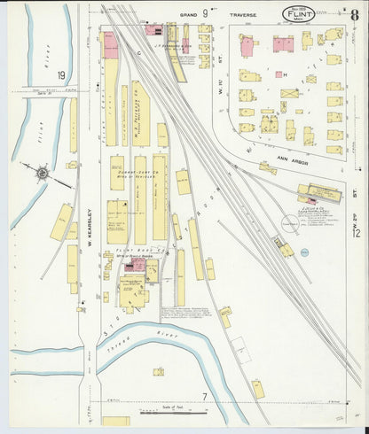 Sanborn Fire Insurance Map from Flint, Genesee County, Michigan (1909), Sheet #0008 - Historic Sanborn Fire Insurance Map Print, vintage old map wall art, antique decor, genealogy gift, Michigan Michigan map