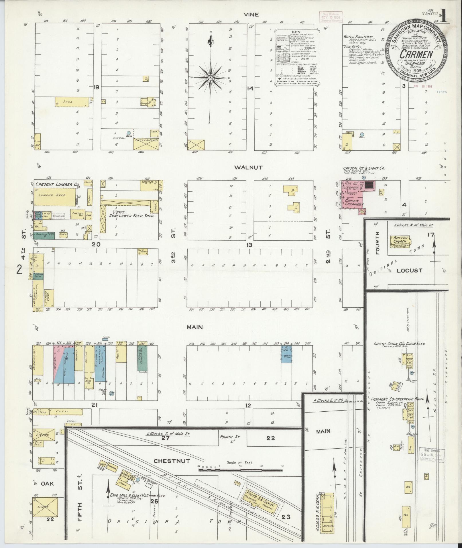 Sanborn Fire Insurance Map from Carmen, Alfalfa County, Oklahoma (1909), Sheet #0001 - Historic Sanborn Fire Insurance Map Print, vintage old map wall art, antique decor, genealogy gift, Oklahoma Oklahoma map