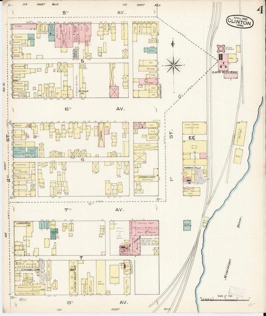 Sanborn Fire Insurance Map from Clinton, Clinton County, Iowa (1885), Sheet #0004 - Historic Sanborn Fire Insurance Map Print, vintage old map wall art