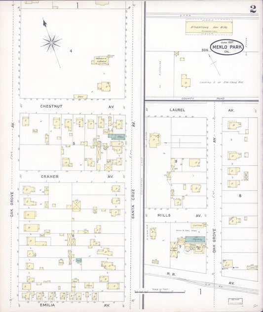 Sanborn Fire Insurance Map from Menlo Park, San Mateo County, California (1897), Sheet #0002 - Historic Sanborn Fire Insurance Map Print, vintage old map wall art, antique decor, genealogy gift, California California map