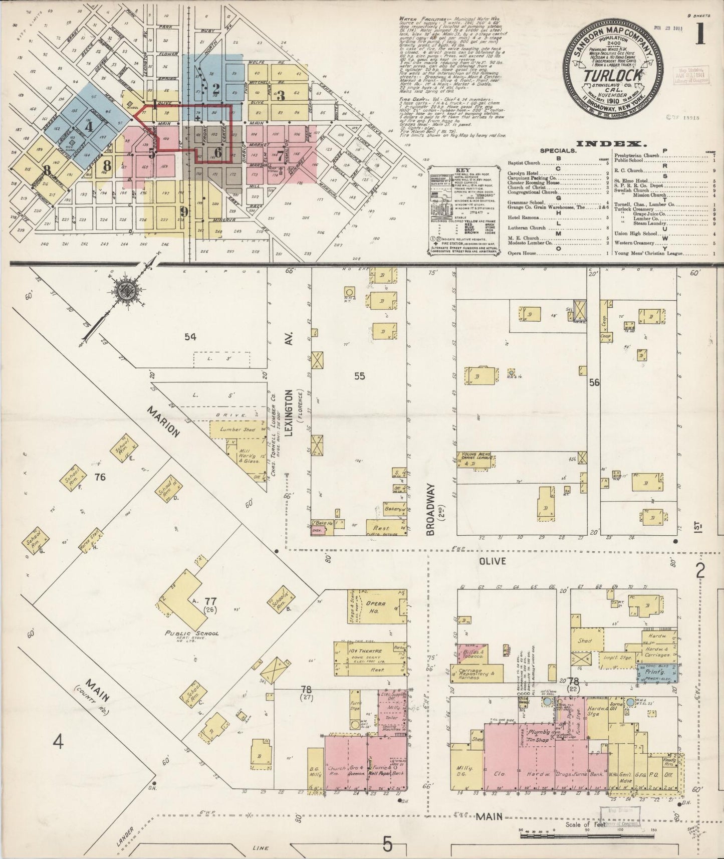 Sanborn Fire Insurance Map from Turlock, Stanislaus County, California (1910), Sheet #0001 - Complete Map Set gallery image, historic Sanborn map, vintage wall art, California California