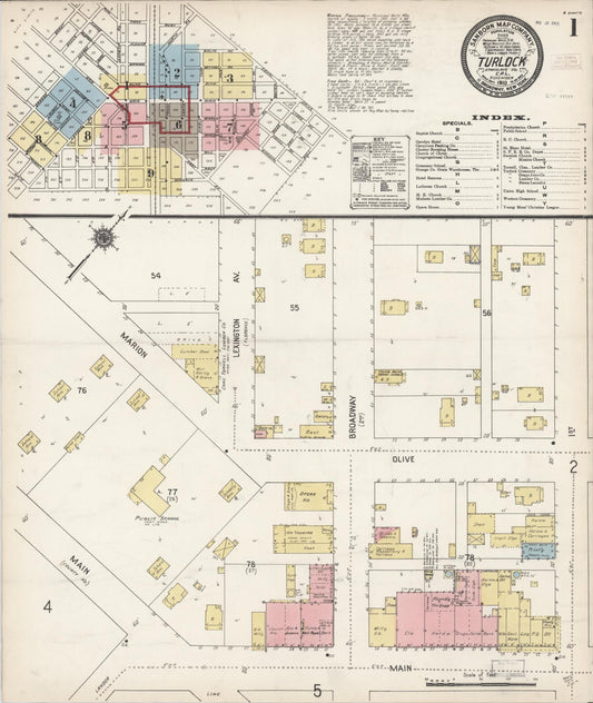 Sanborn Fire Insurance Map from Turlock, Stanislaus County, California (1910), Sheet #0001 - Complete Map Set gallery image, historic Sanborn map, vintage wall art, California California