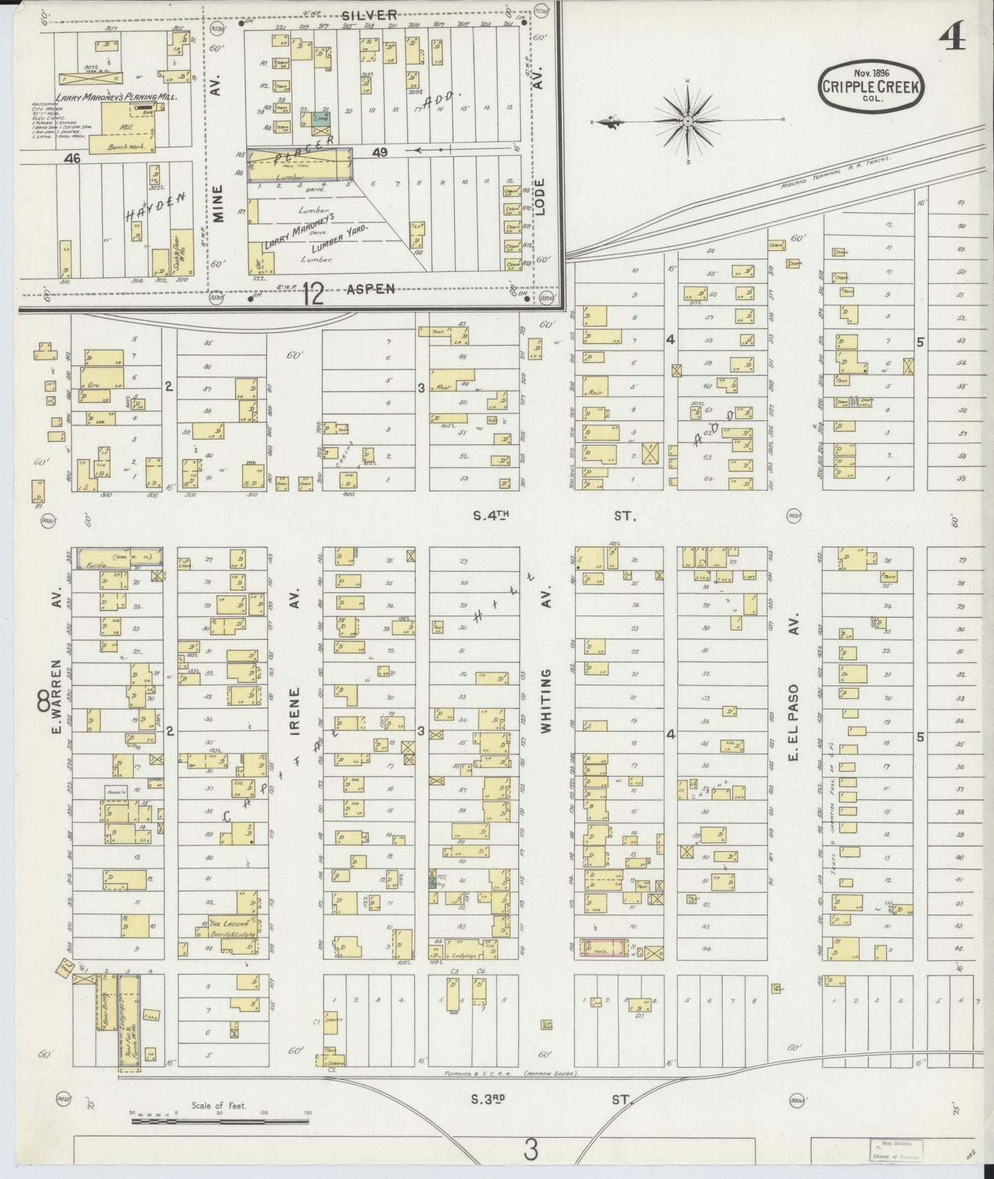 Sanborn Fire Insurance Map from Cripple Creek, Teller County, Colorado (1896), Sheet #0004 - Complete Map Set gallery image, historic Sanborn map, vintage wall art, Colorado Colorado