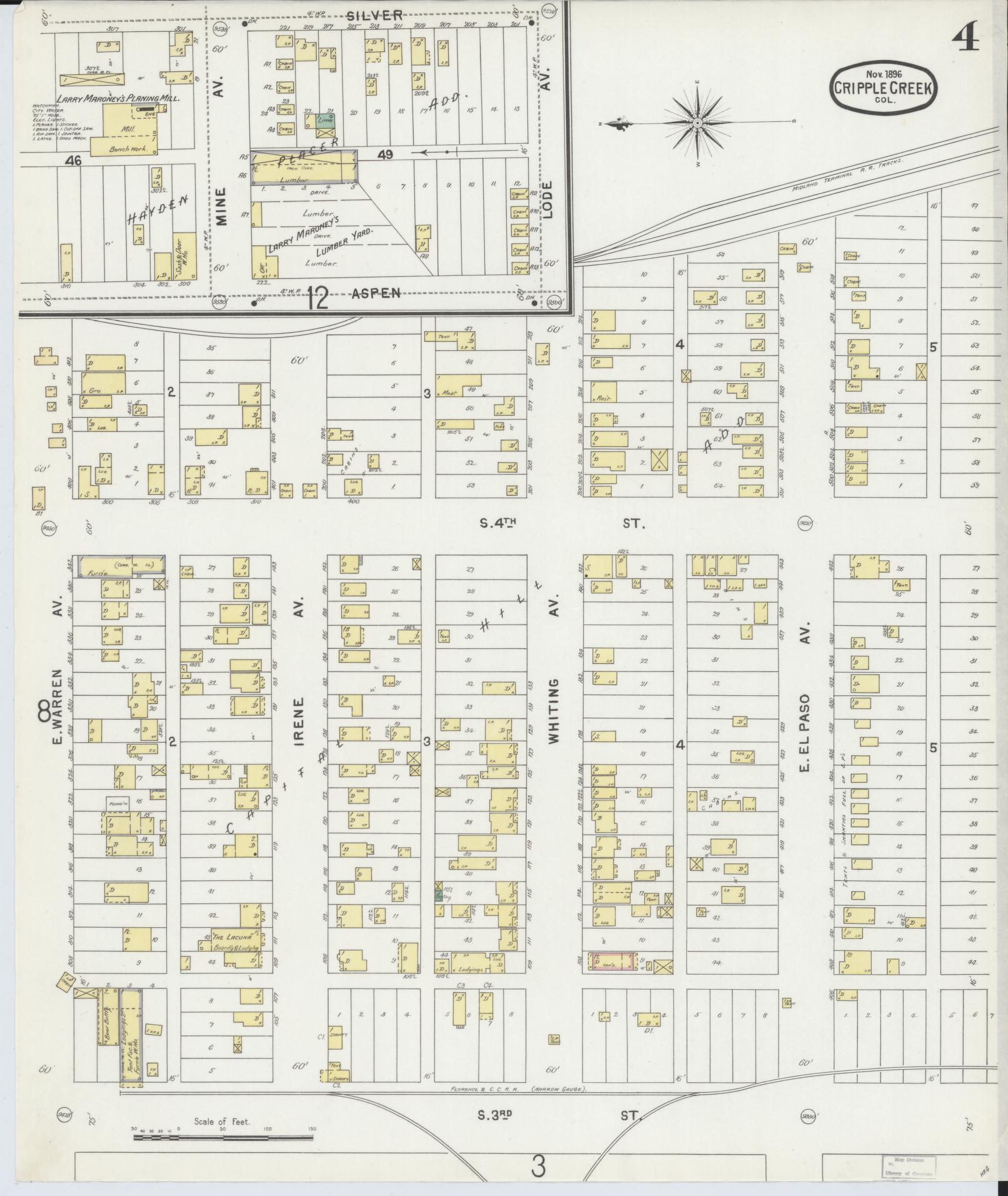 Sanborn Fire Insurance Map from Cripple Creek, Teller County, Colorado (1896), Sheet #0004 - Complete Map Set gallery image, historic Sanborn map, vintage wall art, Colorado Colorado