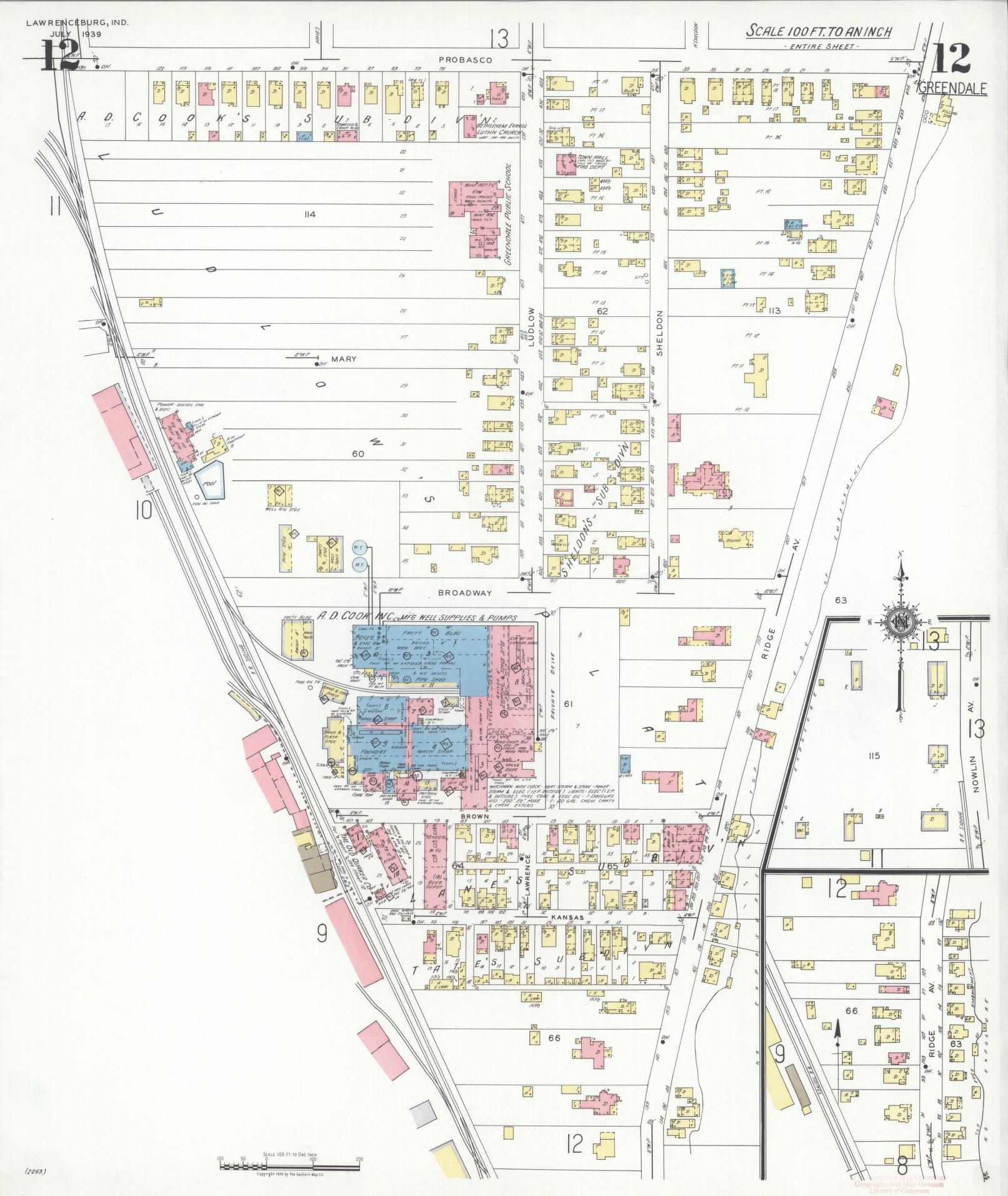 Sanborn Fire Insurance Map from Lawrenceburg, Dearborn County, Indiana (1939), Sheet #0012 - Complete Map Set gallery image, historic Sanborn map, vintage wall art, Indiana Indiana