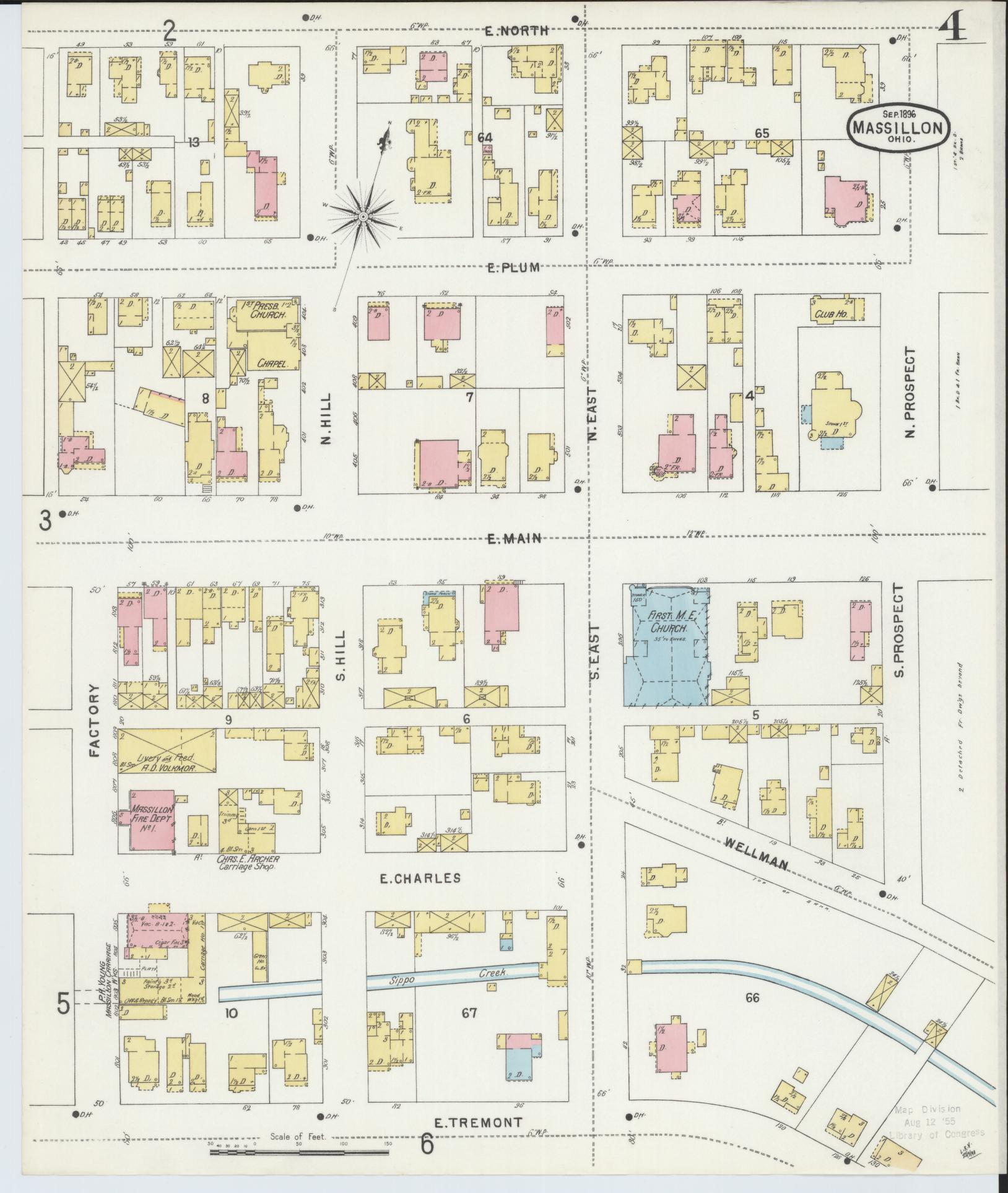 Sanborn Fire Insurance Map from Massillon, Stark County, Ohio (1896), Sheet #0004 - Historic Sanborn Fire Insurance Map Print, vintage old map wall art, antique decor, genealogy gift, Ohio Ohio map