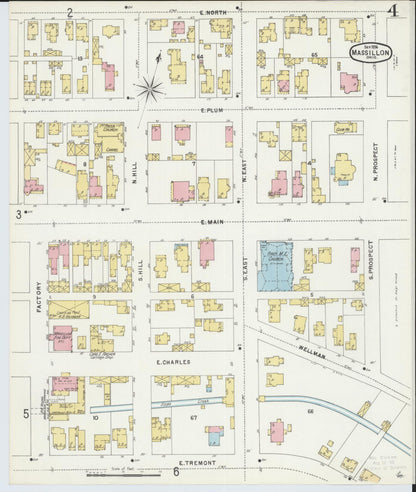 Sanborn Fire Insurance Map from Massillon, Stark County, Ohio (1896), Sheet #0004 - Historic Sanborn Fire Insurance Map Print, vintage old map wall art, antique decor, genealogy gift, Ohio Ohio map