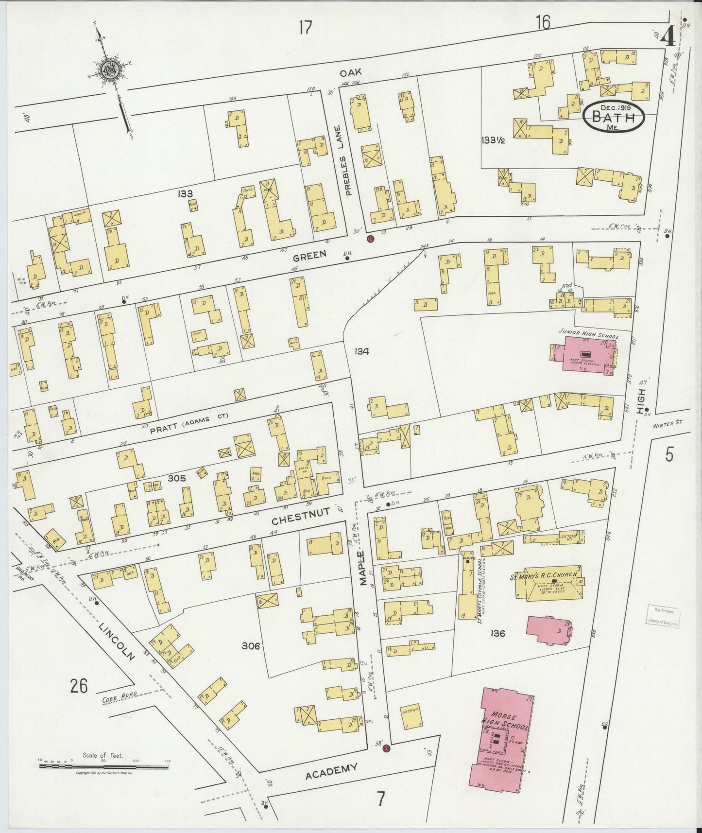 Sanborn Fire Insurance Map from Bath, Sagadahoc County, Maine (1919), Sheet #0004 - Historic Sanborn Fire Insurance Map Print, vintage old map wall art, antique decor, genealogy gift, Maine Maine map