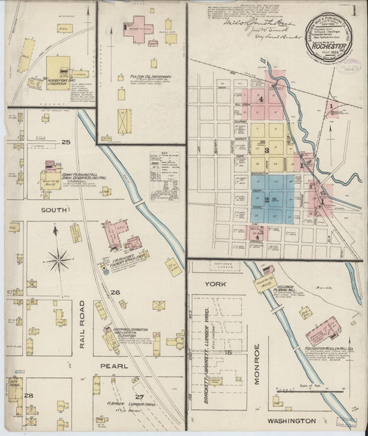 Sanborn Fire Insurance Map from Rochester, Fulton County, Indiana (1885), Sheet #0001 - Historic Sanborn Fire Insurance Map Print, vintage old map wall art, antique decor, genealogy gift, Indiana Indiana map
