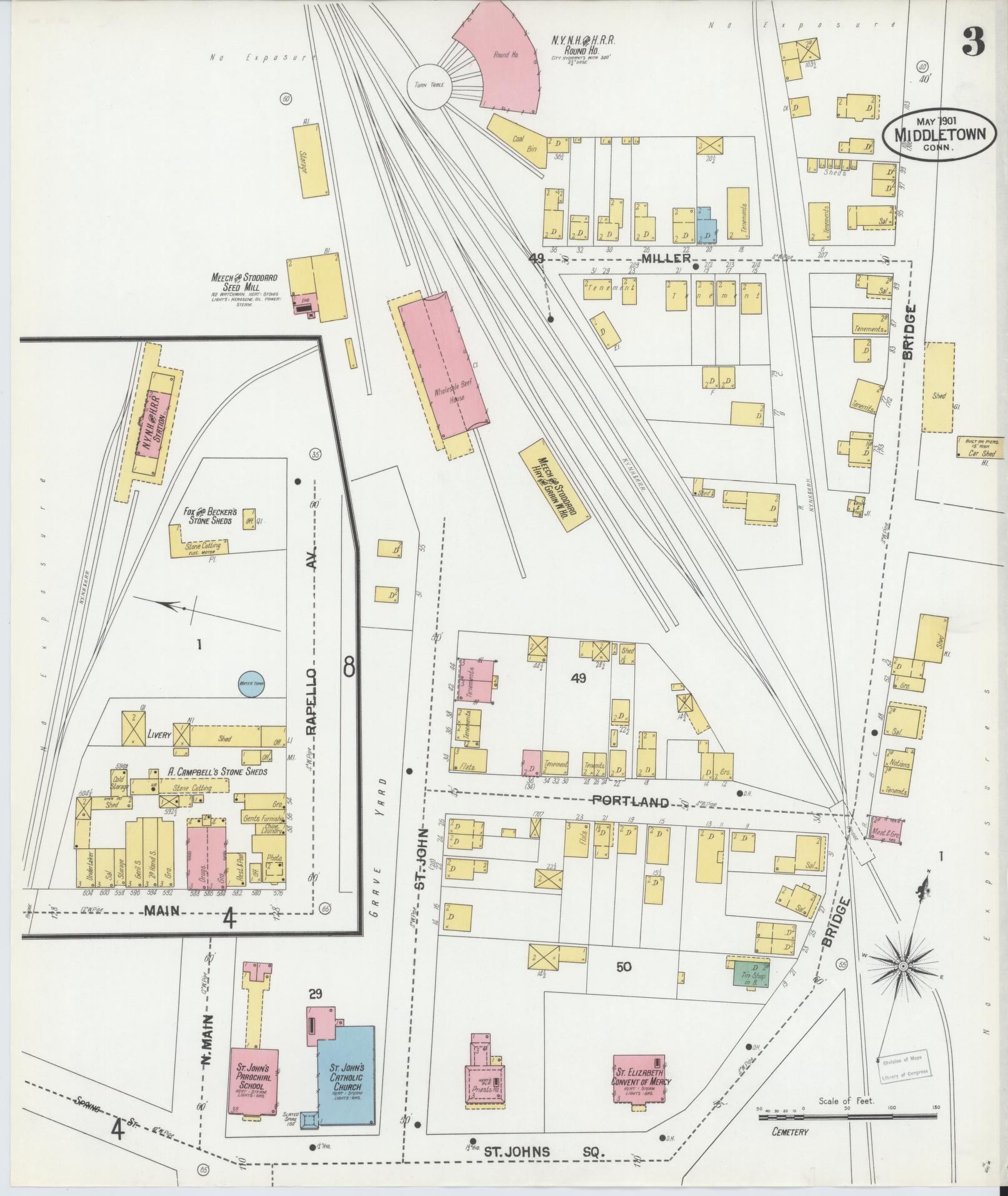 Sanborn Fire Insurance Map from Middletown, Middlesex County, Connecticut (1901), Sheet #0003 - Historic Sanborn Fire Insurance Map Print, vintage old map wall art, antique decor, genealogy gift, Connecticut Connecticut map