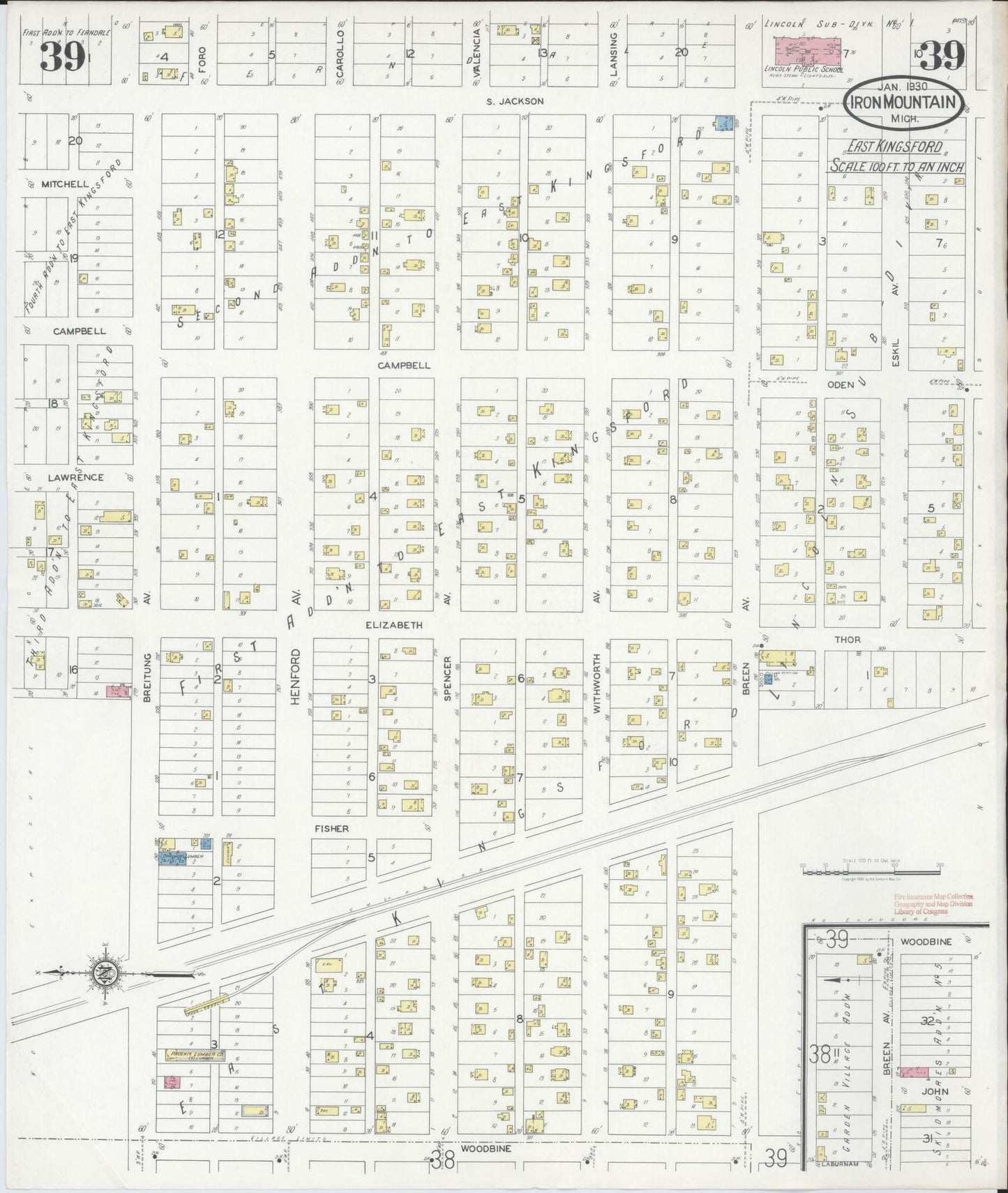 Sanborn Fire Insurance Map from Iron Mountain, Dickinson County, Michigan (1930), Sheet #0039 - Complete Map Set gallery image, historic Sanborn map, vintage wall art, Michigan Michigan