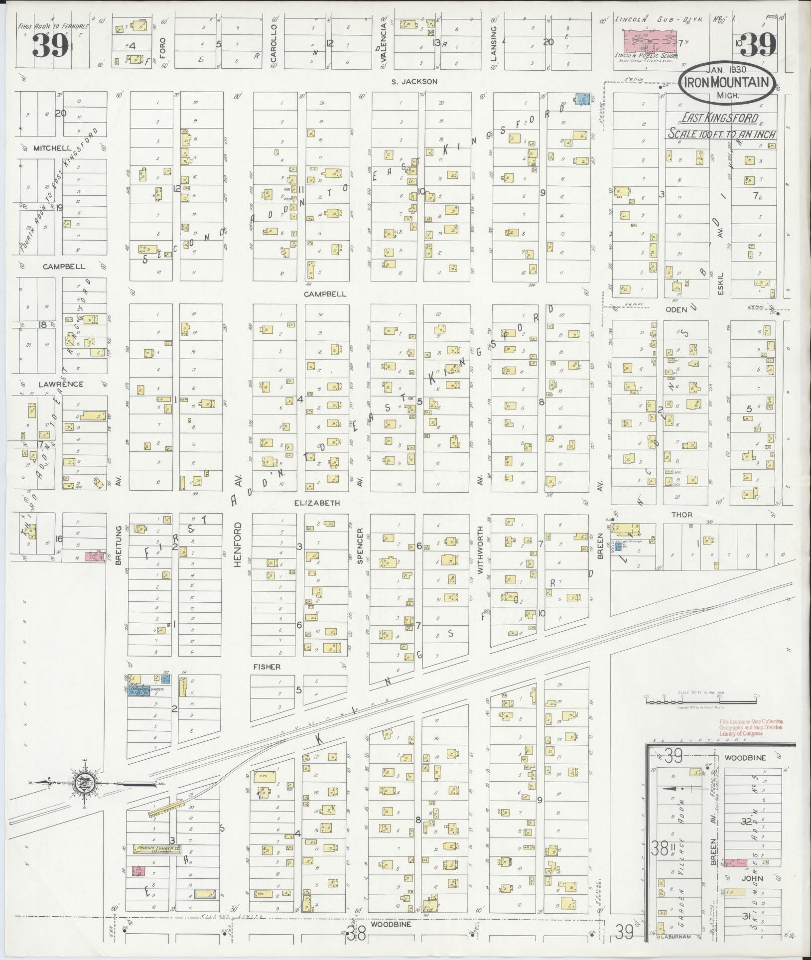 Sanborn Fire Insurance Map from Iron Mountain, Dickinson County, Michigan (1930), Sheet #0039 - Complete Map Set gallery image, historic Sanborn map, vintage wall art, Michigan Michigan