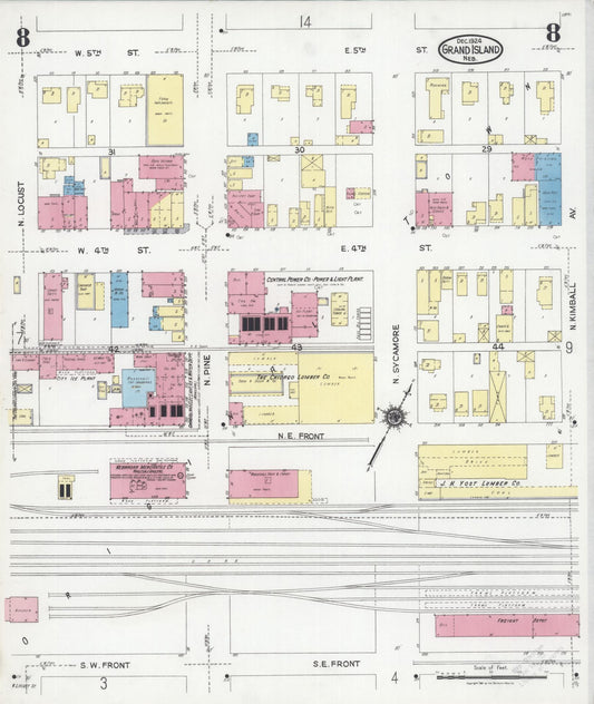 Sanborn Fire Insurance Map from Grand Island, Hall County, Nebraska (1924), Sheet #0008 - Historic Sanborn Fire Insurance Map Print, vintage old map wall art, antique decor, genealogy gift, Nebraska Nebraska map