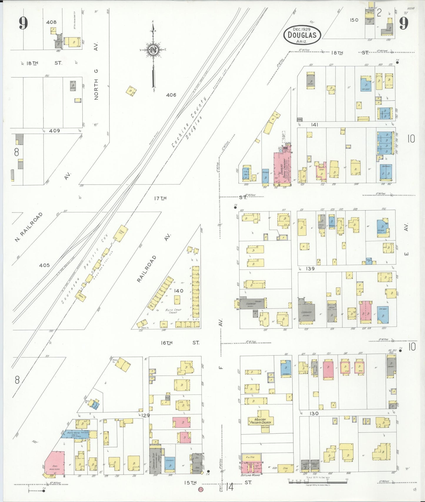 Sanborn Fire Insurance Map from Douglas, Cochise County, Arizona (1929), Sheet #0009 - Complete Map Set gallery image, historic Sanborn map, vintage wall art, Arizona Arizona