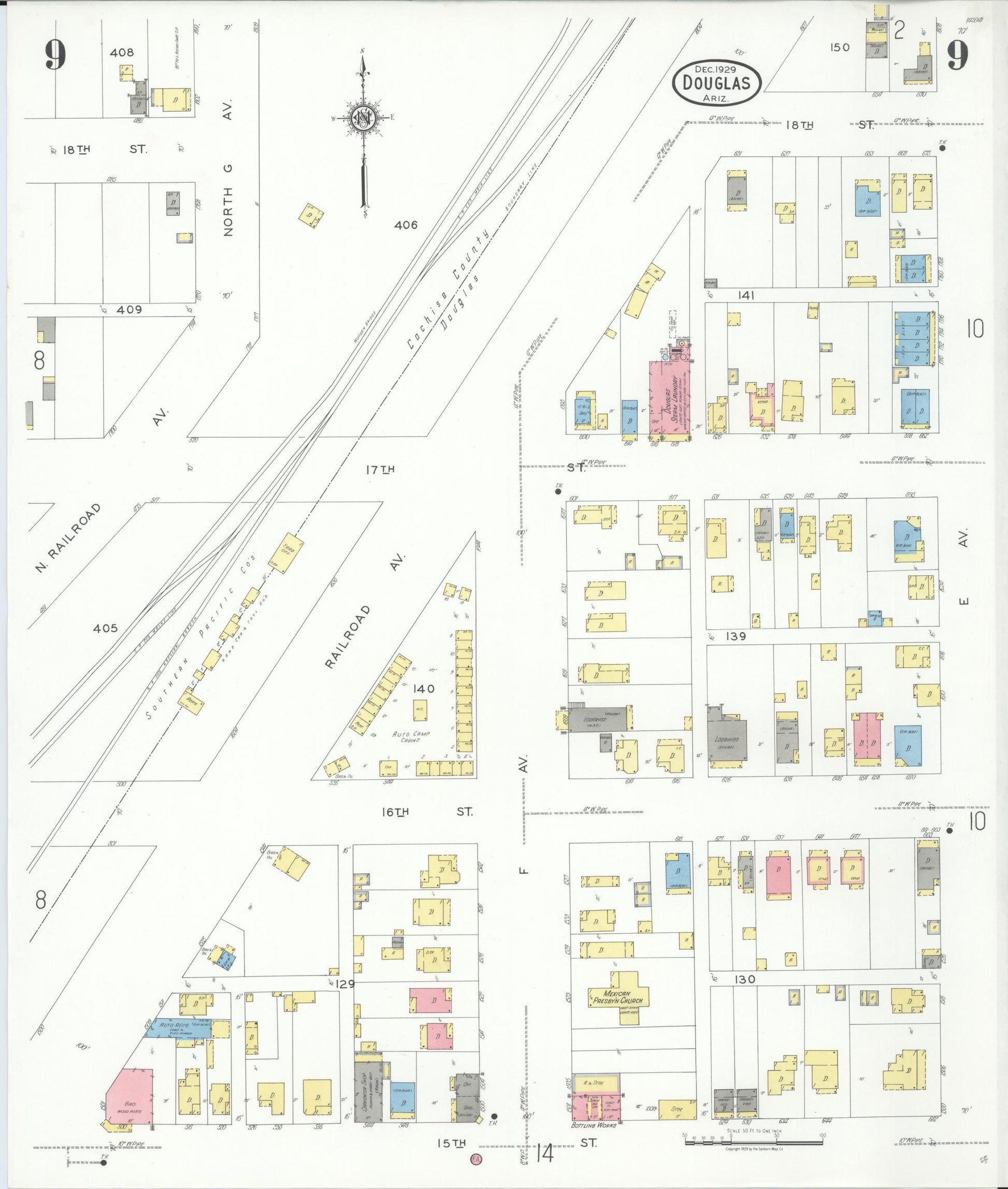 Sanborn Fire Insurance Map from Douglas, Cochise County, Arizona (1929), Sheet #0009 - Complete Map Set gallery image, historic Sanborn map, vintage wall art, Arizona Arizona