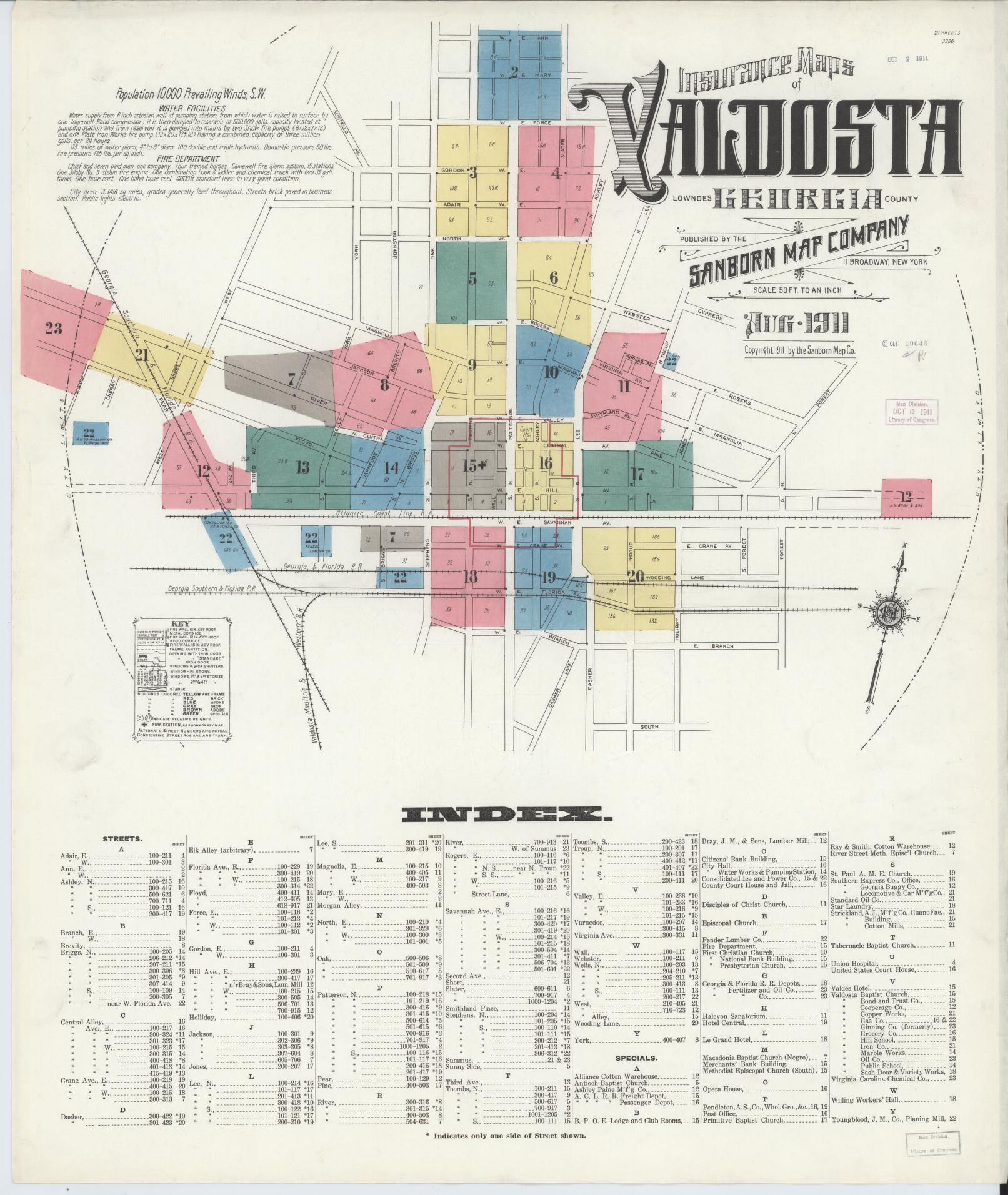 Sanborn Fire Insurance Map from Valdosta, Lowndes County, Georgia (1911), Sheet #0001 - Historic Sanborn Fire Insurance Map Print, vintage old map wall art, antique decor, genealogy gift, Georgia Georgia map