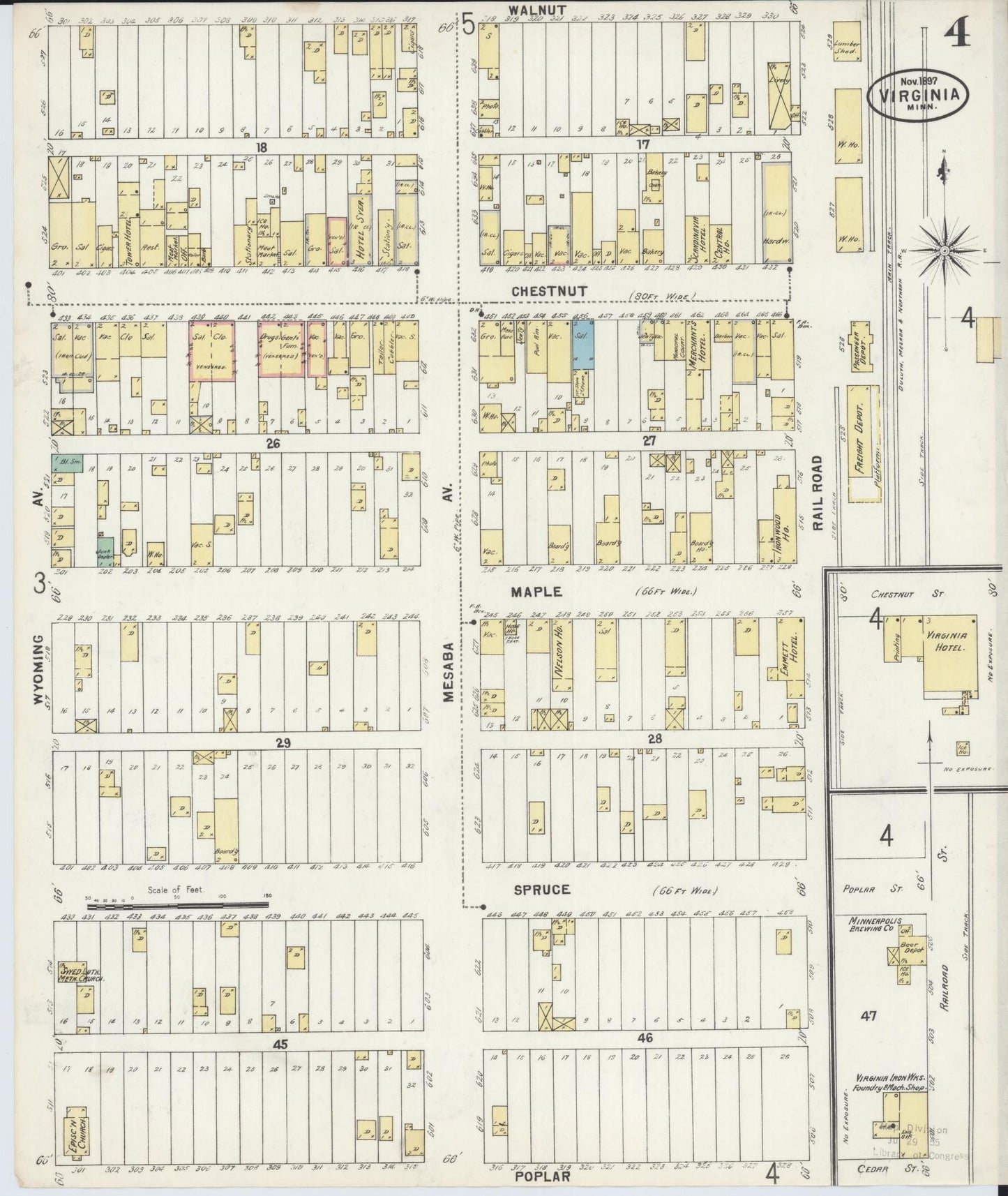 Sanborn Fire Insurance Map from Virginia, Saint Louis County, Minnesota (1897), Sheet #0004 - Complete Map Set gallery image, historic Sanborn map, vintage wall art, Minnesota Minnesota