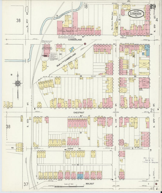 Sanborn Fire Insurance Map from Lebanon, Lebanon County, Pennsylvania (1912), Sheet #0019 - Historic Sanborn Fire Insurance Map Print, vintage old map wall art, antique decor, genealogy gift, Pennsylvania Pennsylvania map