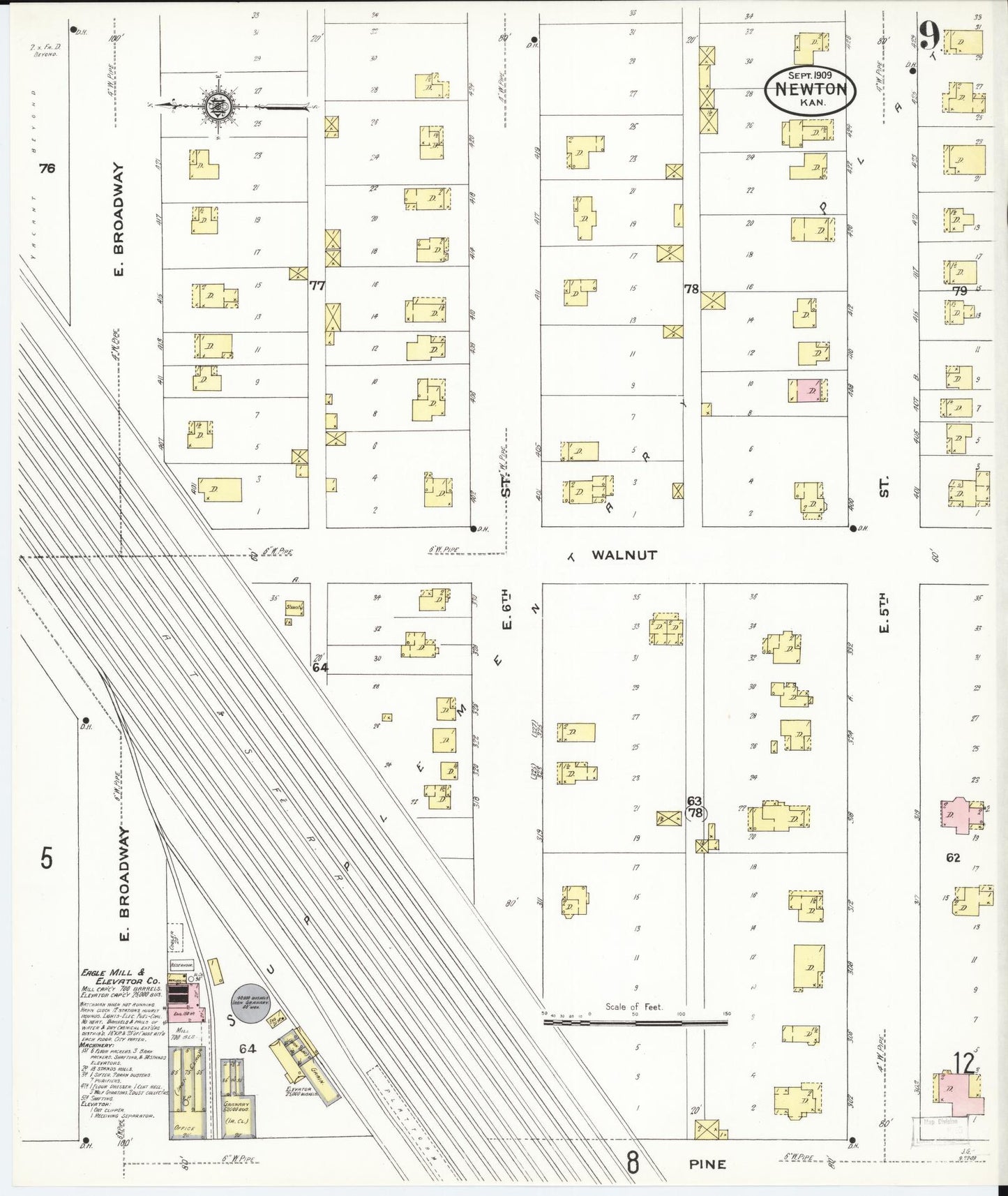 Sanborn Fire Insurance Map from Newton, Harvey County, Kansas (1909), Sheet #0009 - Complete Map Set gallery image, historic Sanborn map, vintage wall art, Kansas Kansas