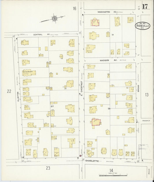 Sanborn Fire Insurance Map from Asheville, Buncombe County, North Carolina (1913), Sheet #0017 - Historic Sanborn Fire Insurance Map Print, vintage old map wall art, antique decor, genealogy gift, North Carolina North Carolina map