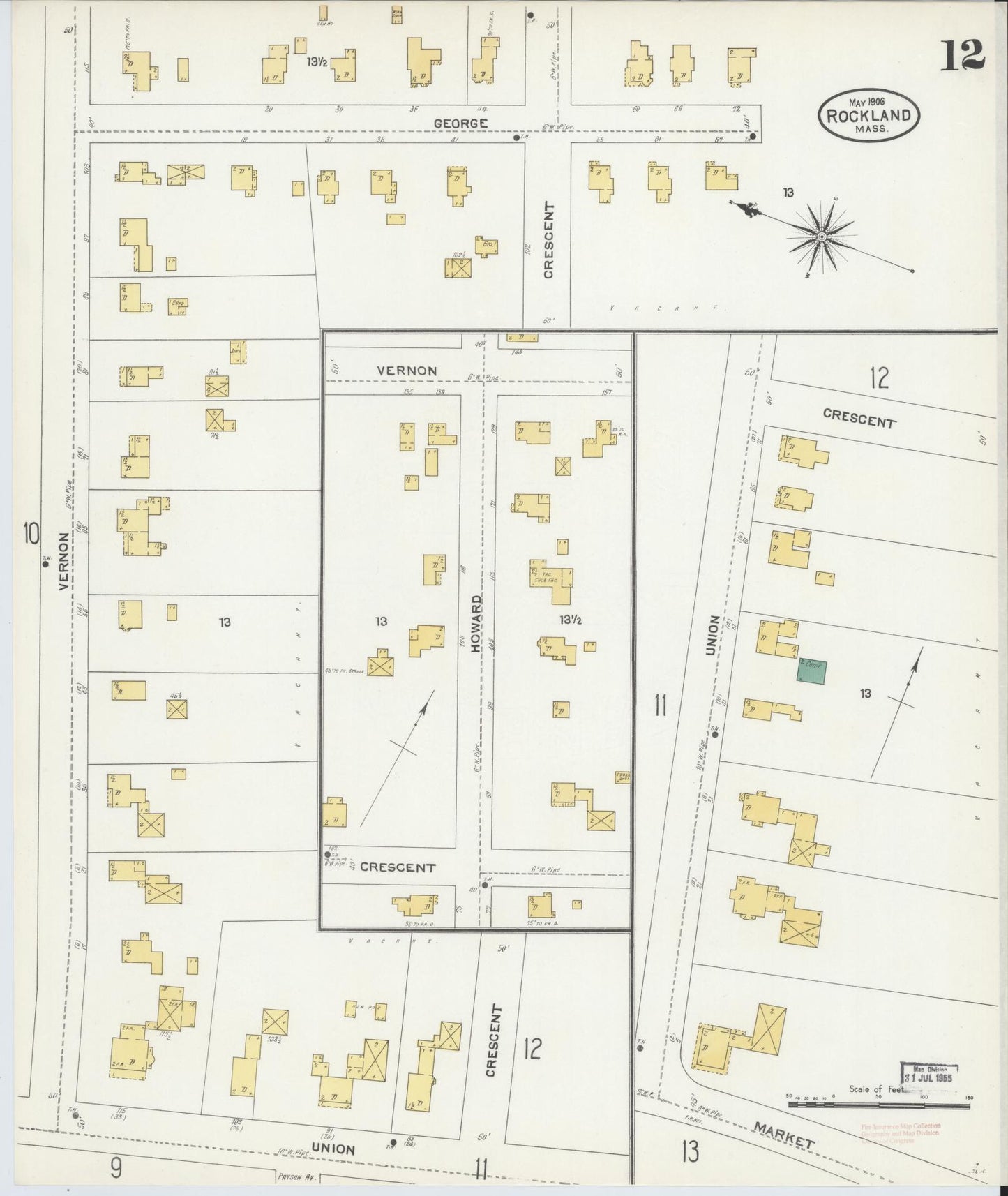 Sanborn Fire Insurance Map from Rockland, Plymouth County, Massachusetts (1906), Sheet #0012 - Complete Map Set gallery image, historic Sanborn map, vintage wall art, Massachusetts Massachusetts