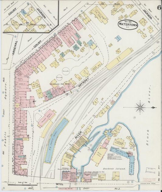 Sanborn Fire Insurance Map from Watertown, Jefferson County, New York (1890), Sheet #0006 - Historic Sanborn Fire Insurance Map Print, vintage old map wall art, antique decor, genealogy gift, New York New York map